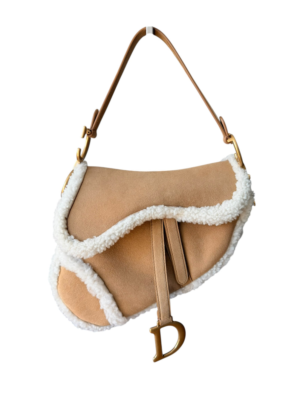Dior Shearling Saddle Bag in Tan Suede with Gold Hardware