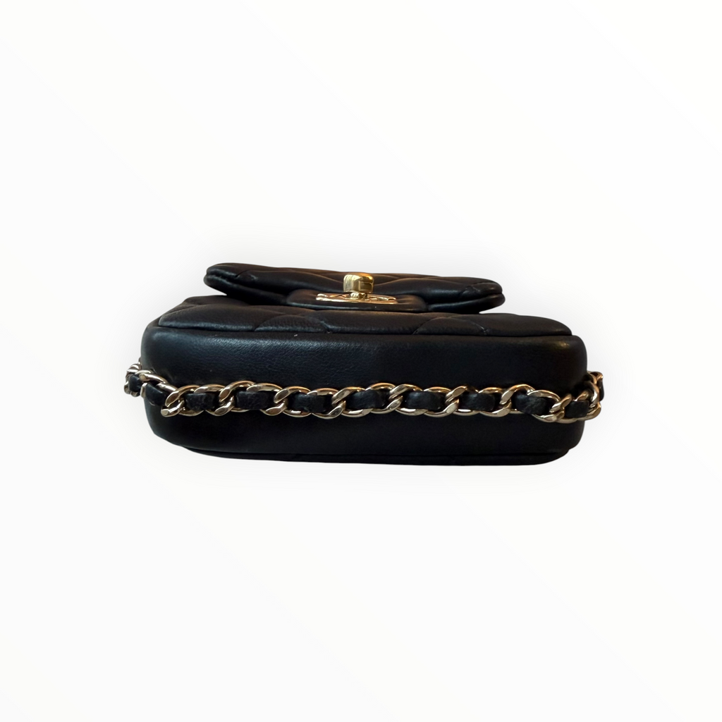 Chanel Pearl Letter Mini Phone Pouch in Black Quilted Lambskin