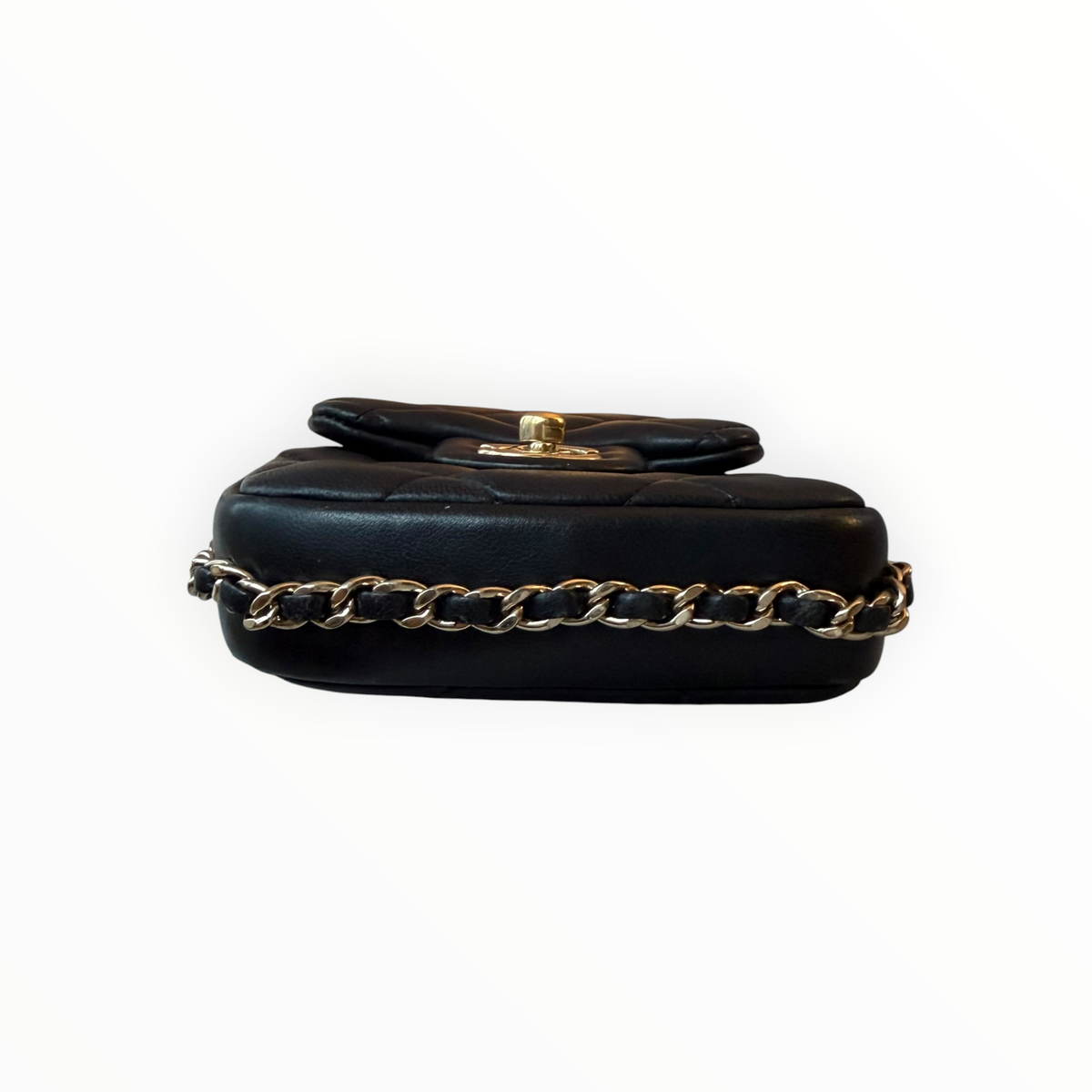 Chanel Pearl Letter Mini Phone Pouch in Black Quilted Lambskin