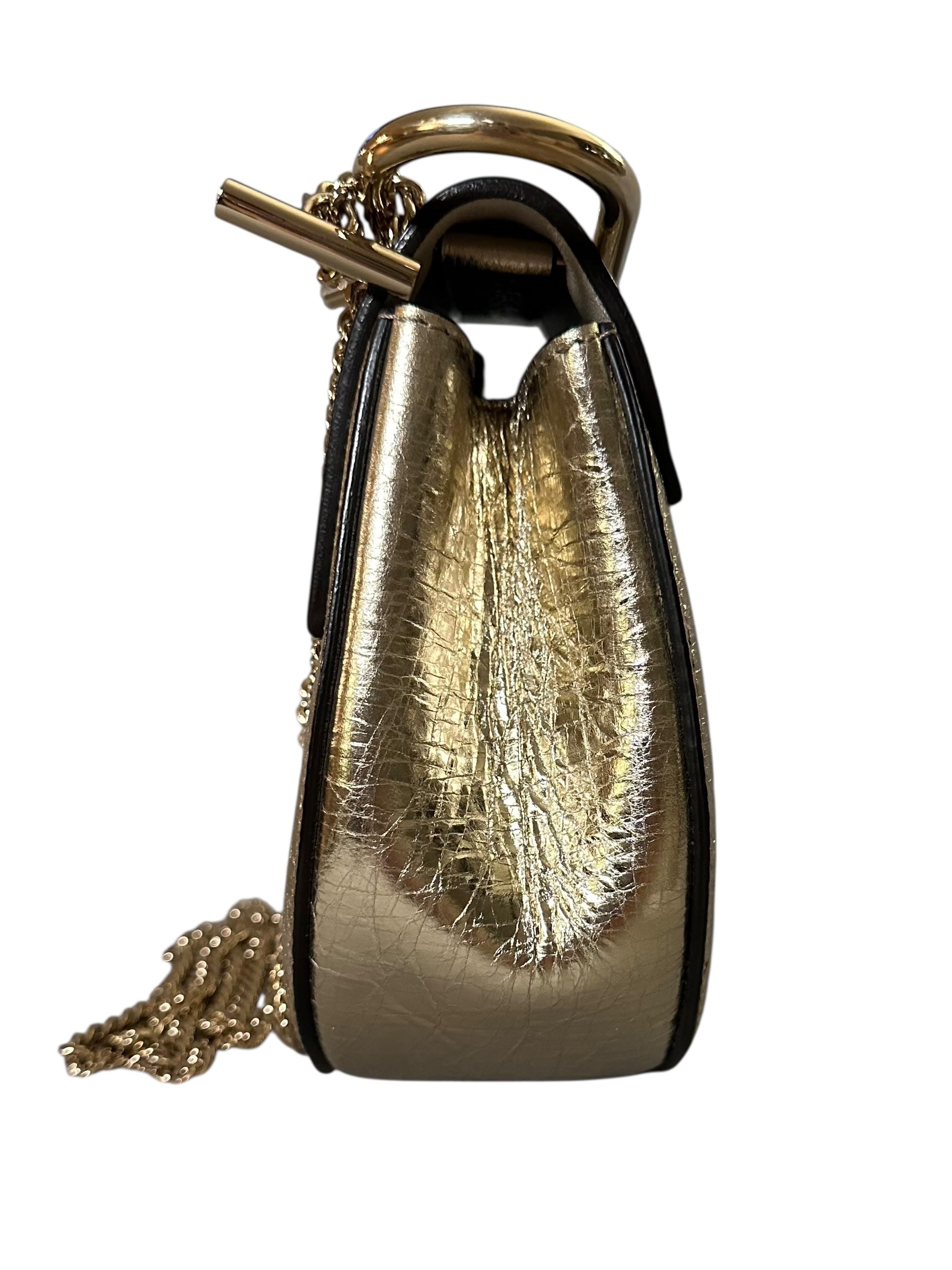Chloe Drew Shoulder Bag in Metallic Crinkled Leather - Gold, GHW