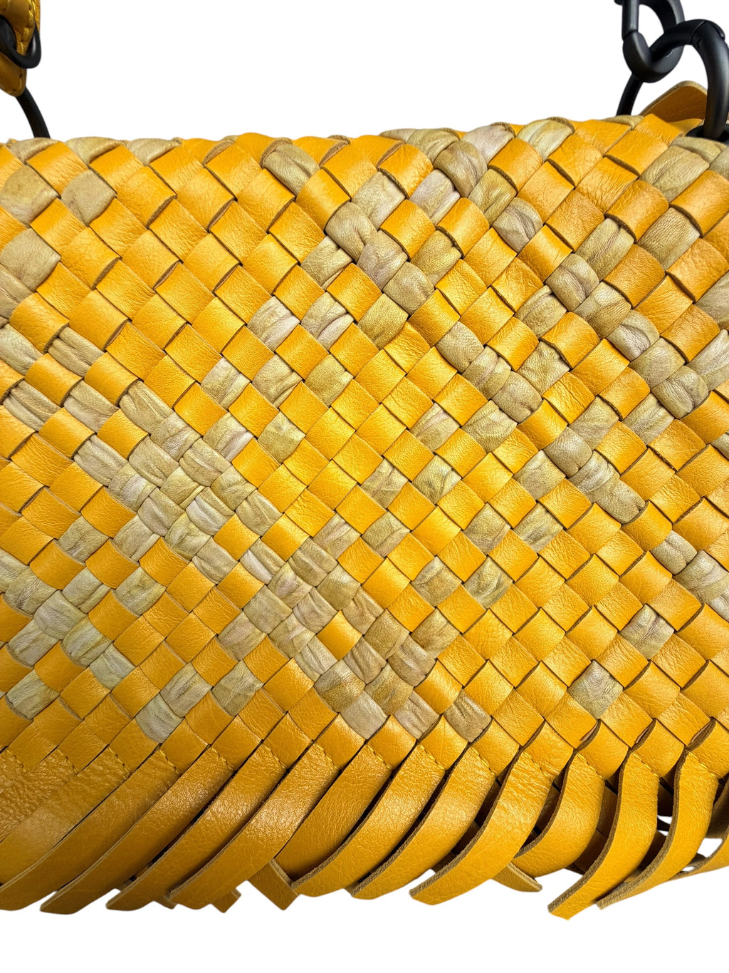 Bottega Veneta Raffia‑Effect Fringe Intrecciato Shoulder Bag in Yellow