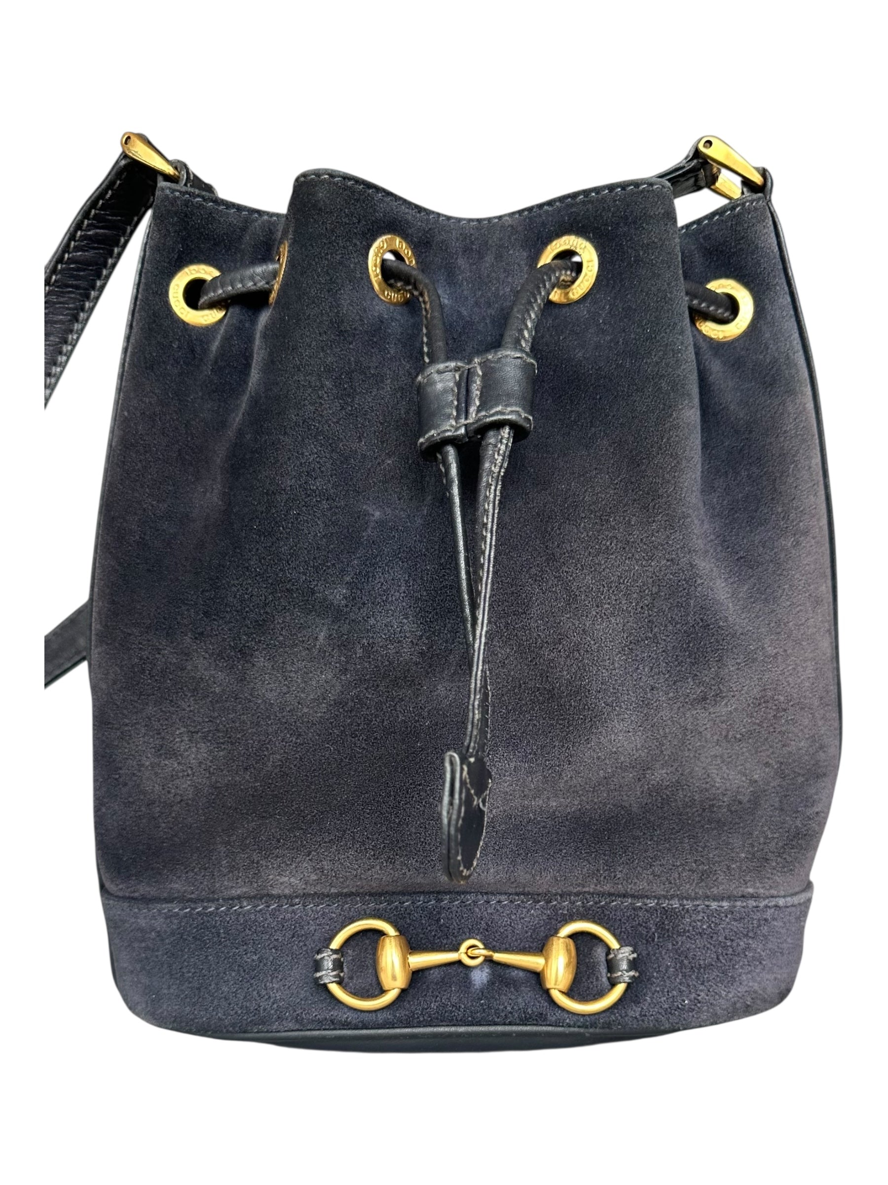 Gucci Vintage Suede Horsebit Bucket Bag - Navy
