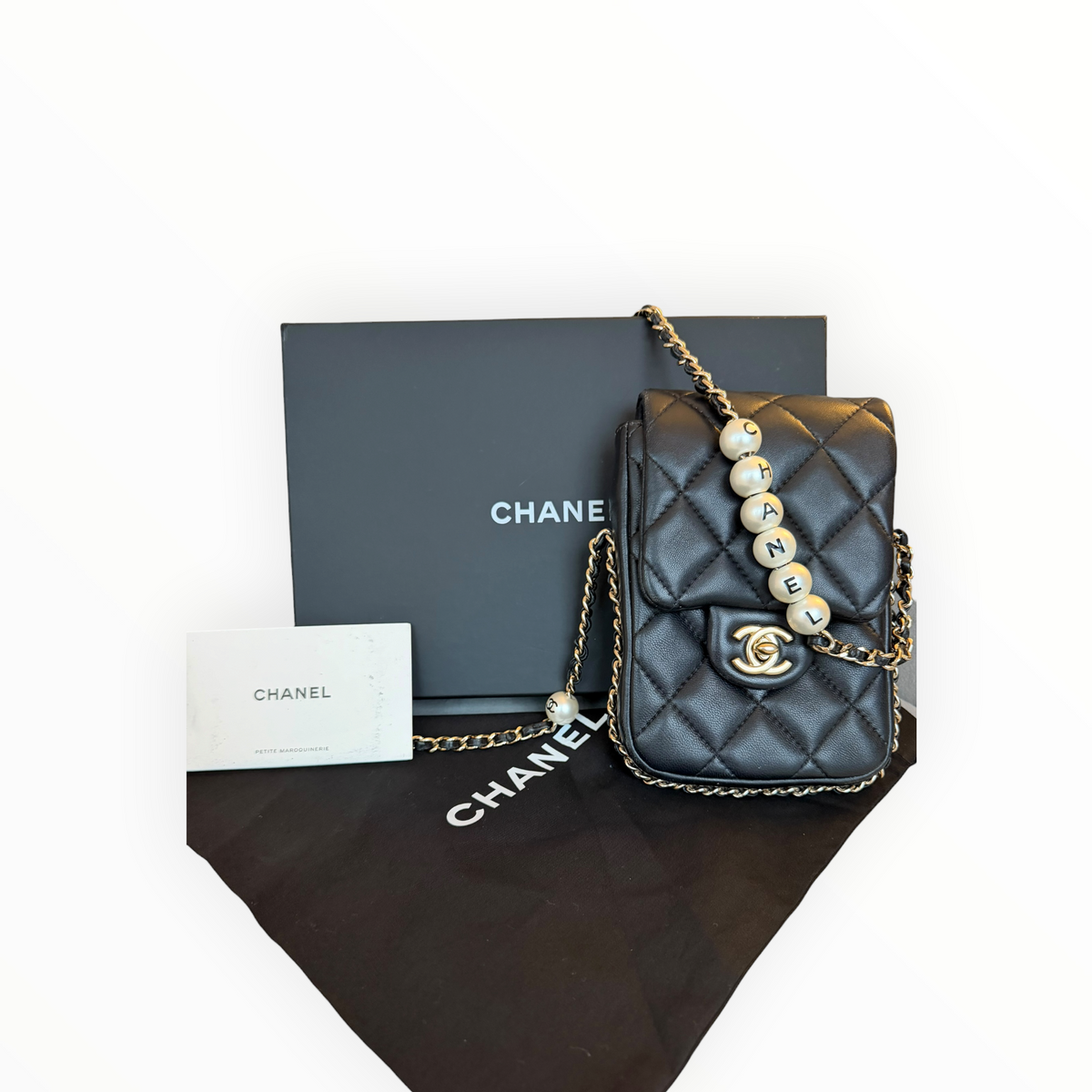 Chanel Pearl Letter Mini Phone Pouch in Black Quilted Lambskin