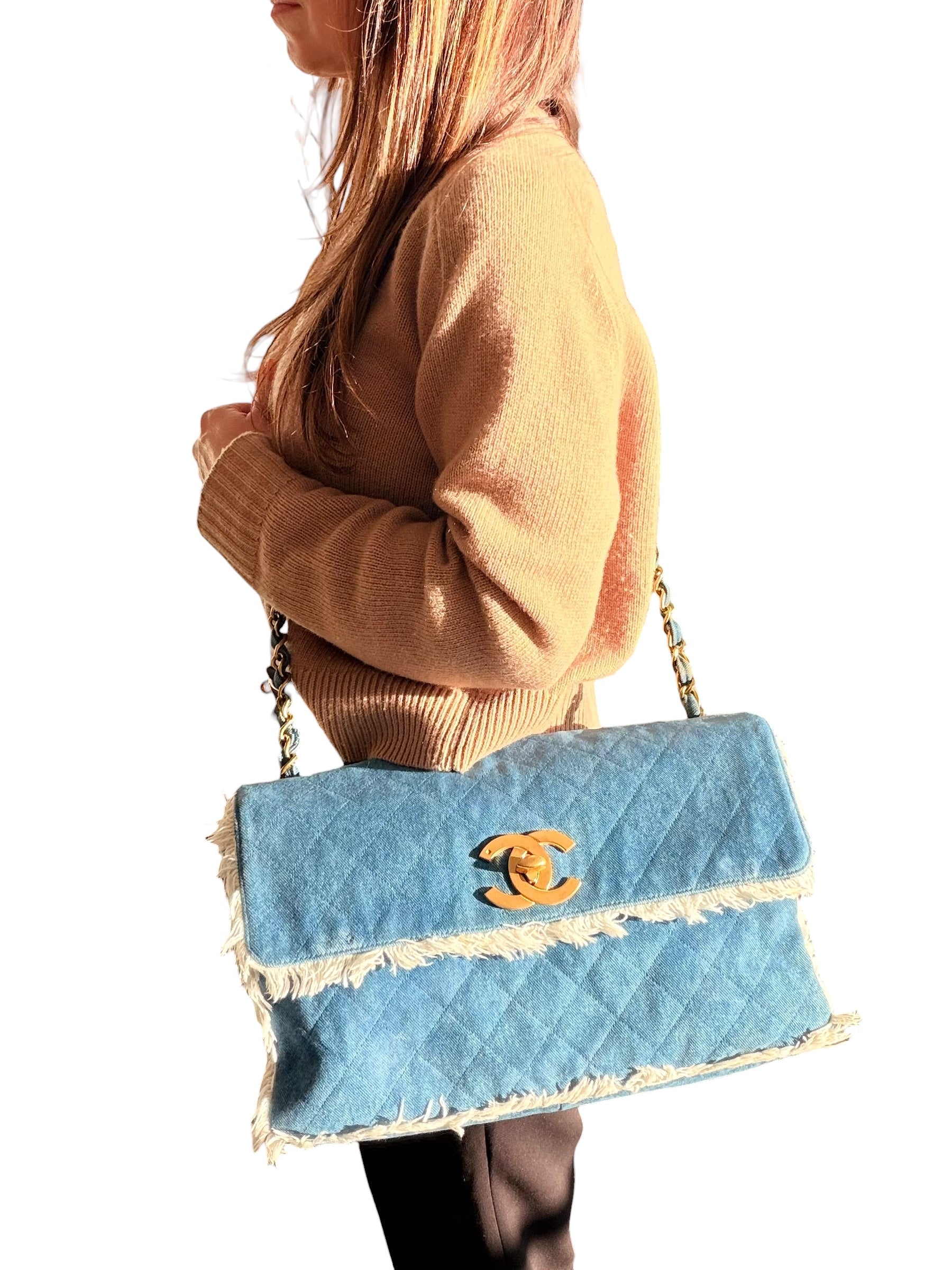 Chanel 90s Denim Frayed Maxi Flap Bag with Gold CC Hardware