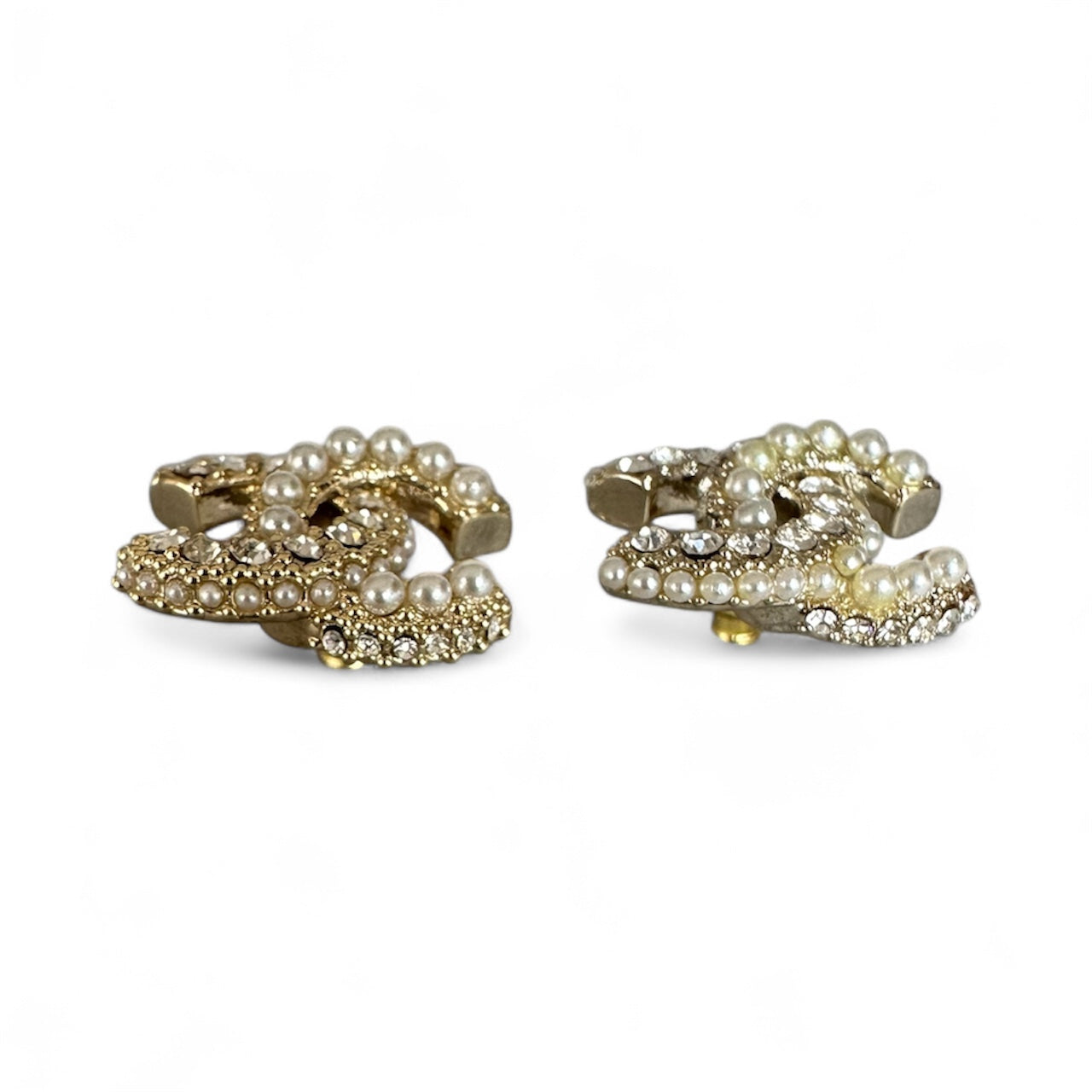 Chanel Crystal and Pearl CC Earrings - Gold Tone