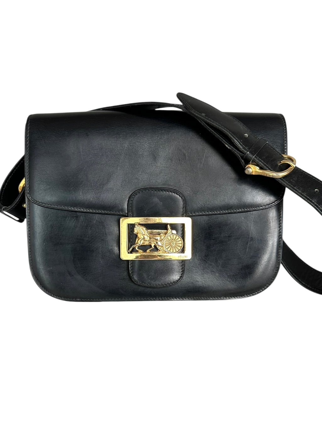 Celine Vintage 1970s Carriage Clasp Box Leather Shoulder Bag - Black, GHW