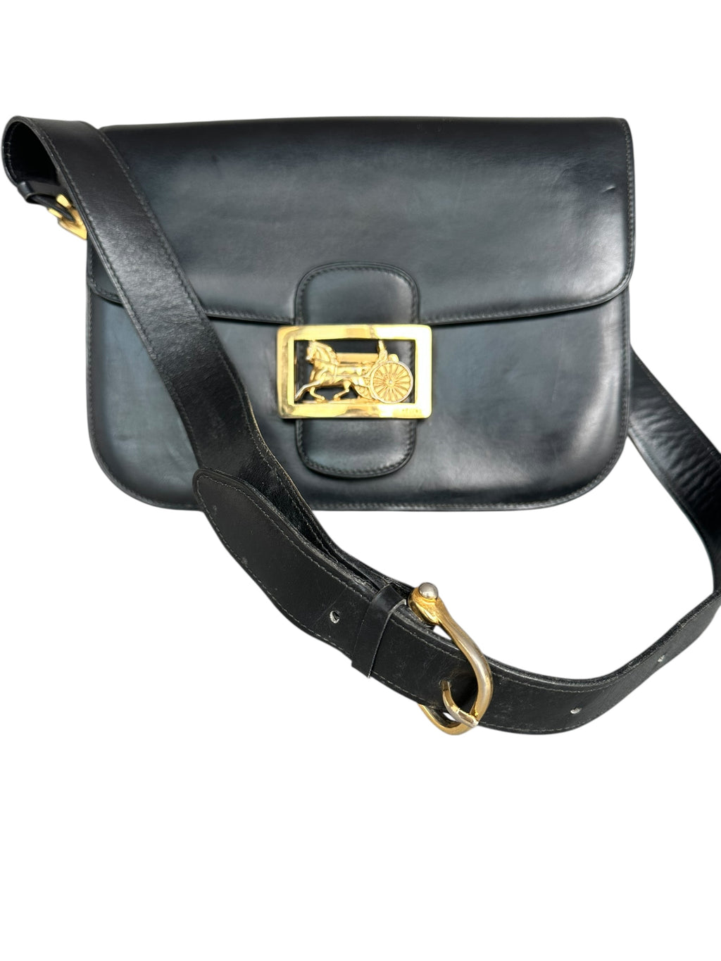Celine Vintage 1970s Carriage Clasp Box Leather Shoulder Bag - Black, GHW