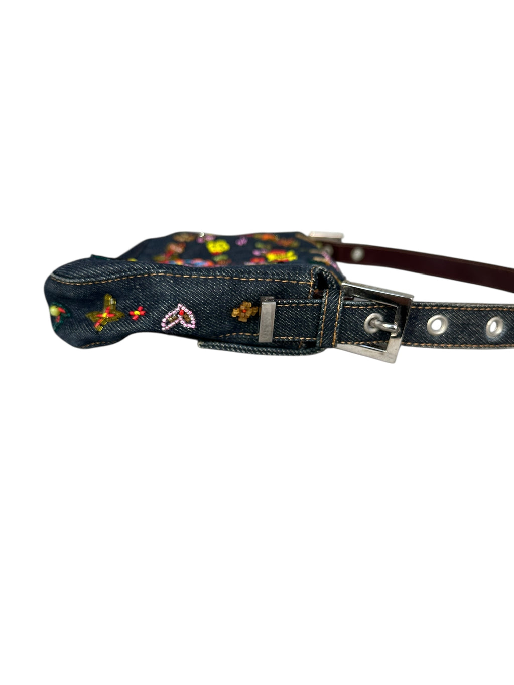 Fendi 1999 Vintage Beaded Floral Denim Mamma Baguette - Blue, SHW