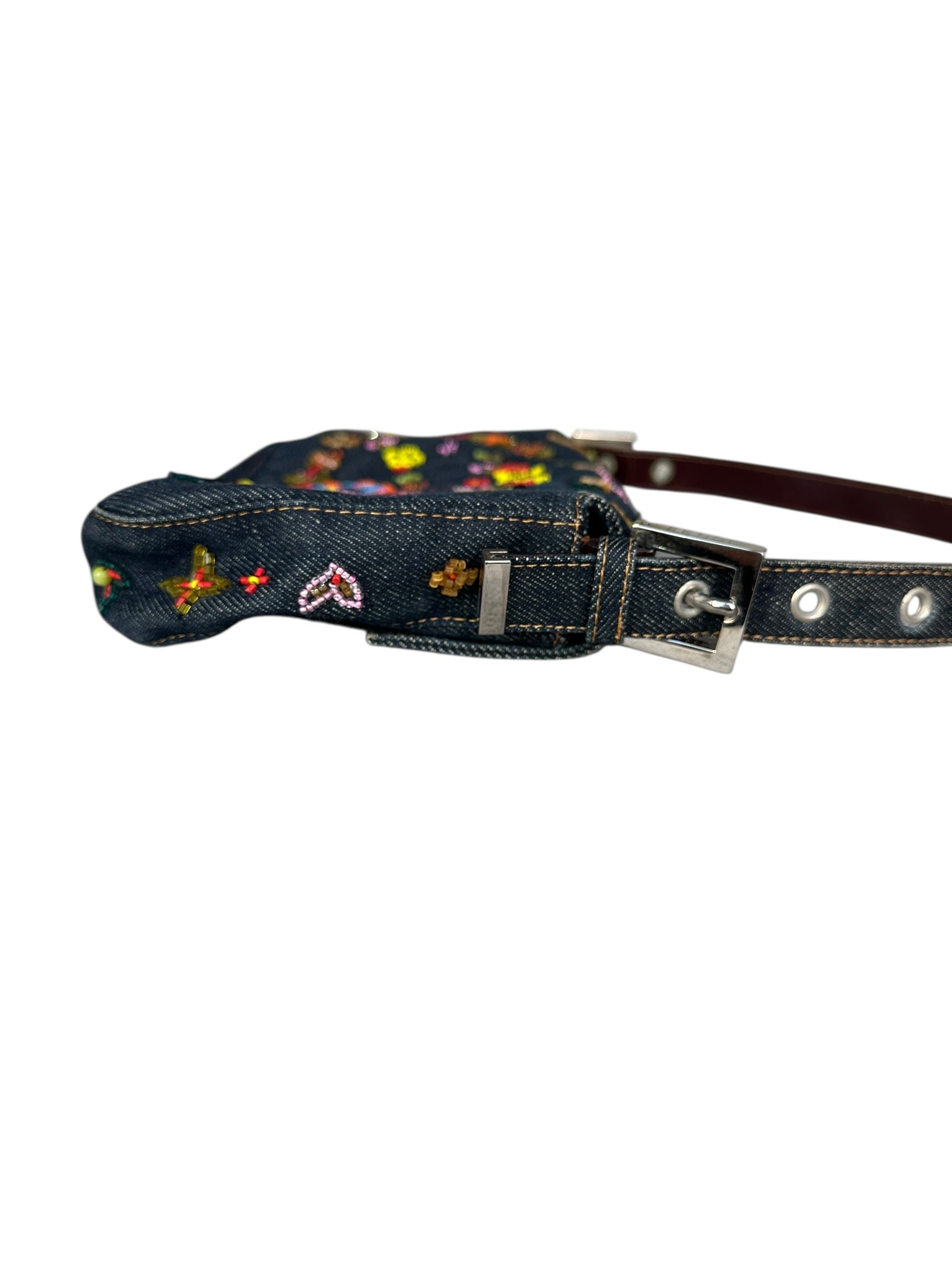 Fendi 1999 Vintage Beaded Floral Denim Mamma Baguette - Blue, SHW
