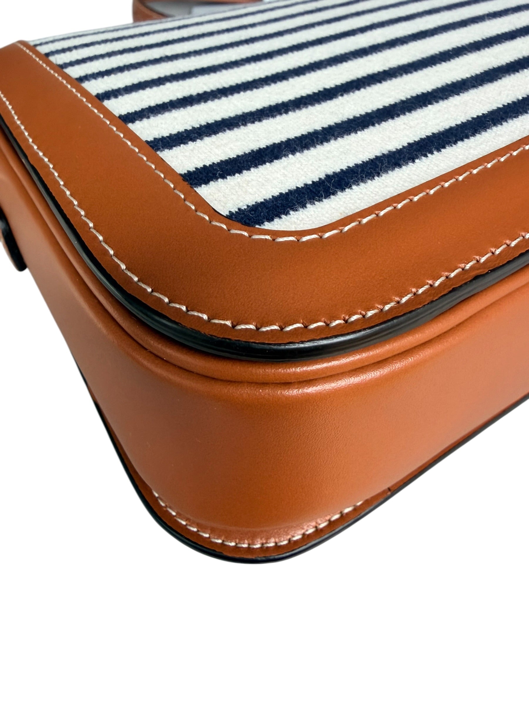 Celine Classique Triomphe Shoulder Bag in Fabric & Leather - Navy & White Striped, Brown