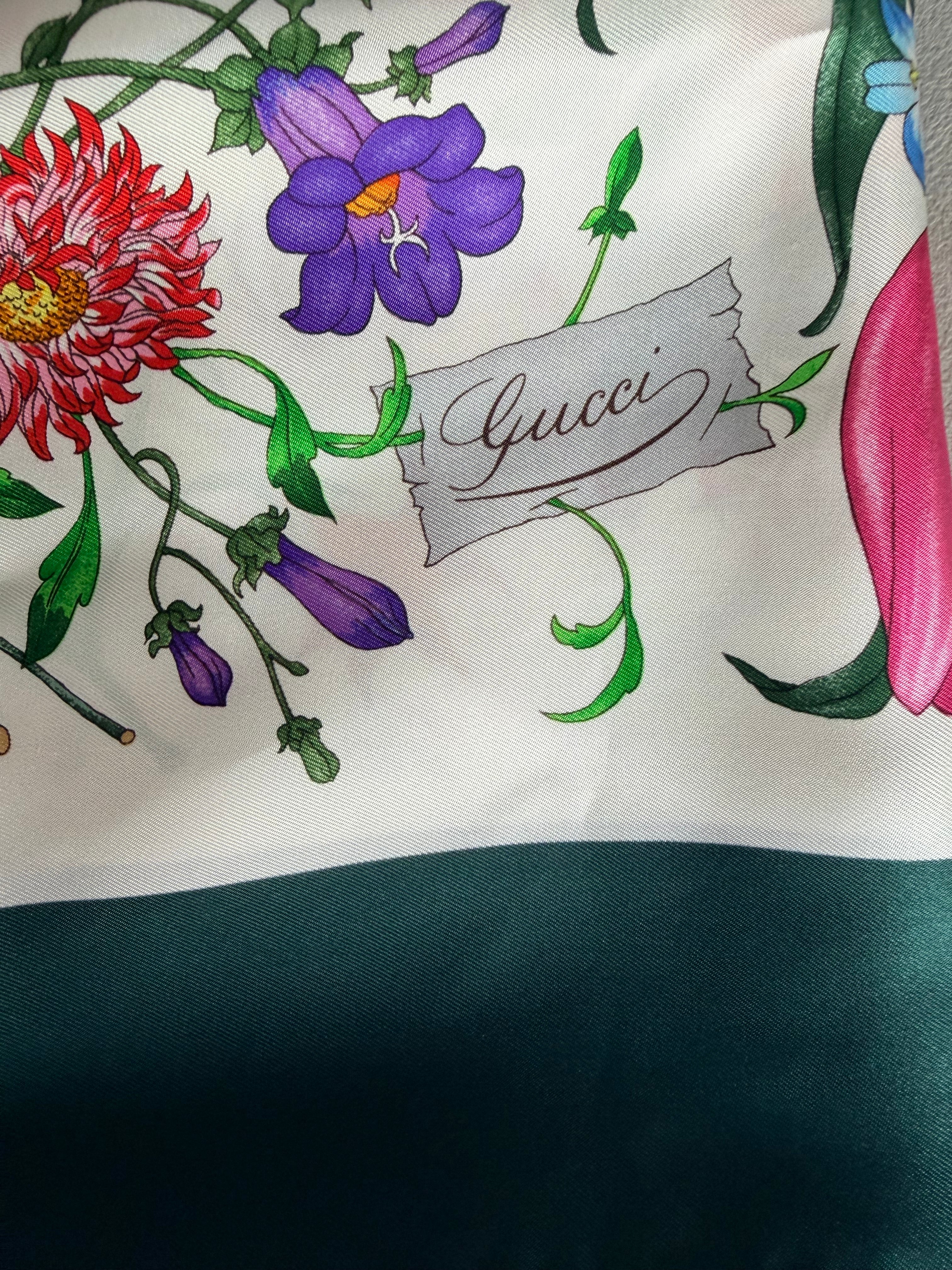 Gucci Silk Flora Scarf with Dark Green Border