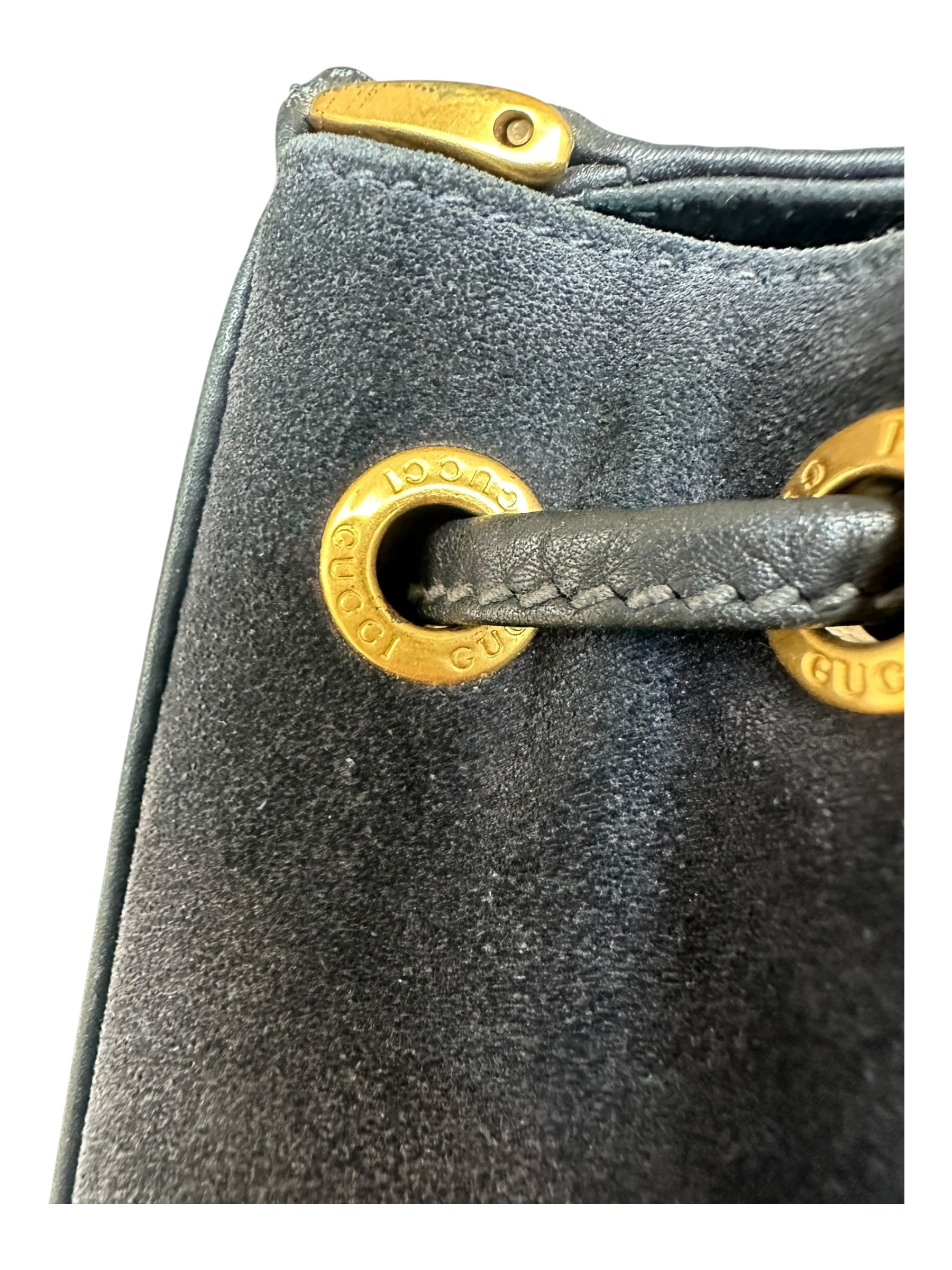 Gucci Vintage Suede Horsebit Bucket Bag - Navy