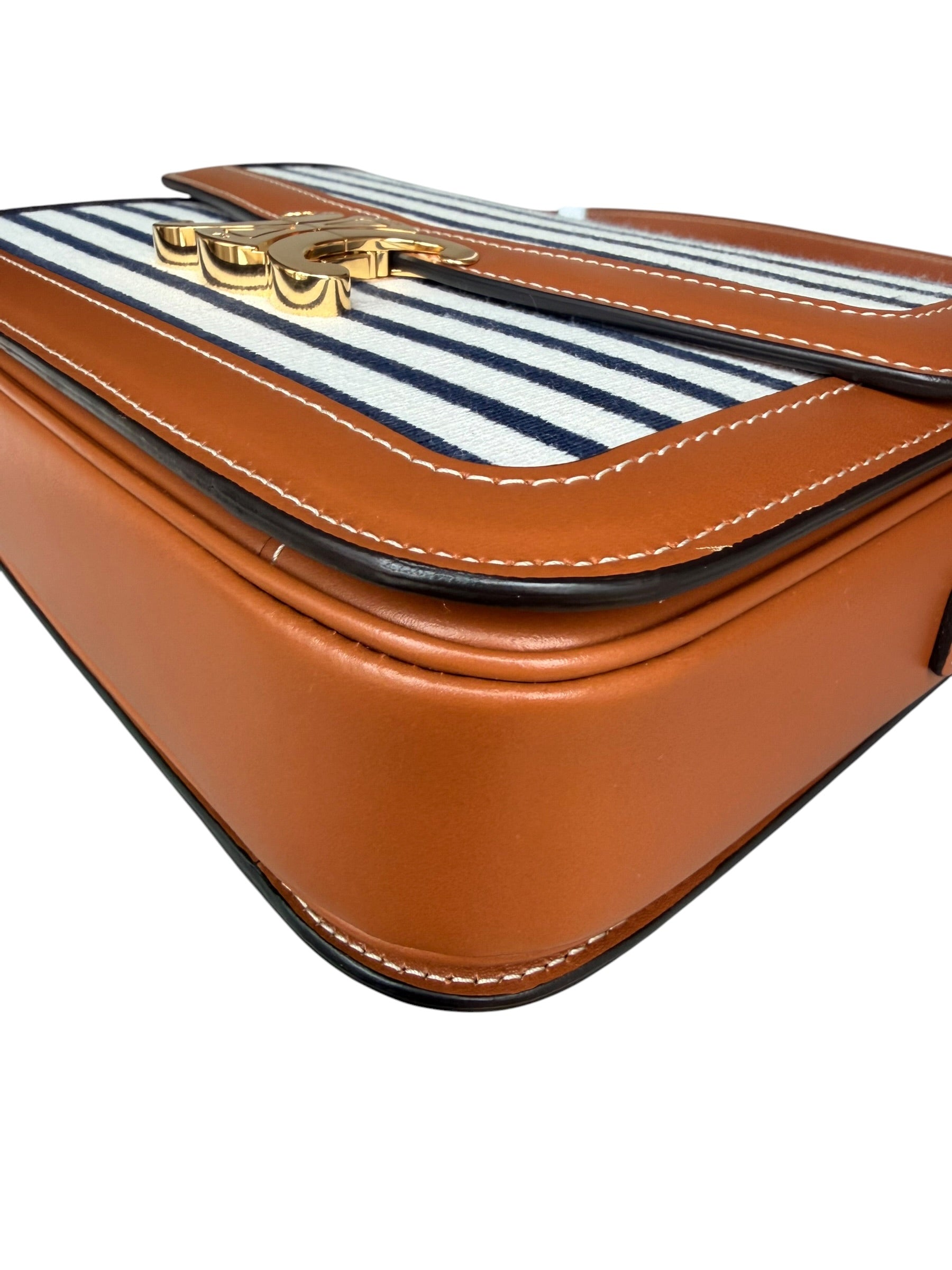 Celine Classique Triomphe Shoulder Bag in Fabric & Leather - Navy & White Striped, Brown