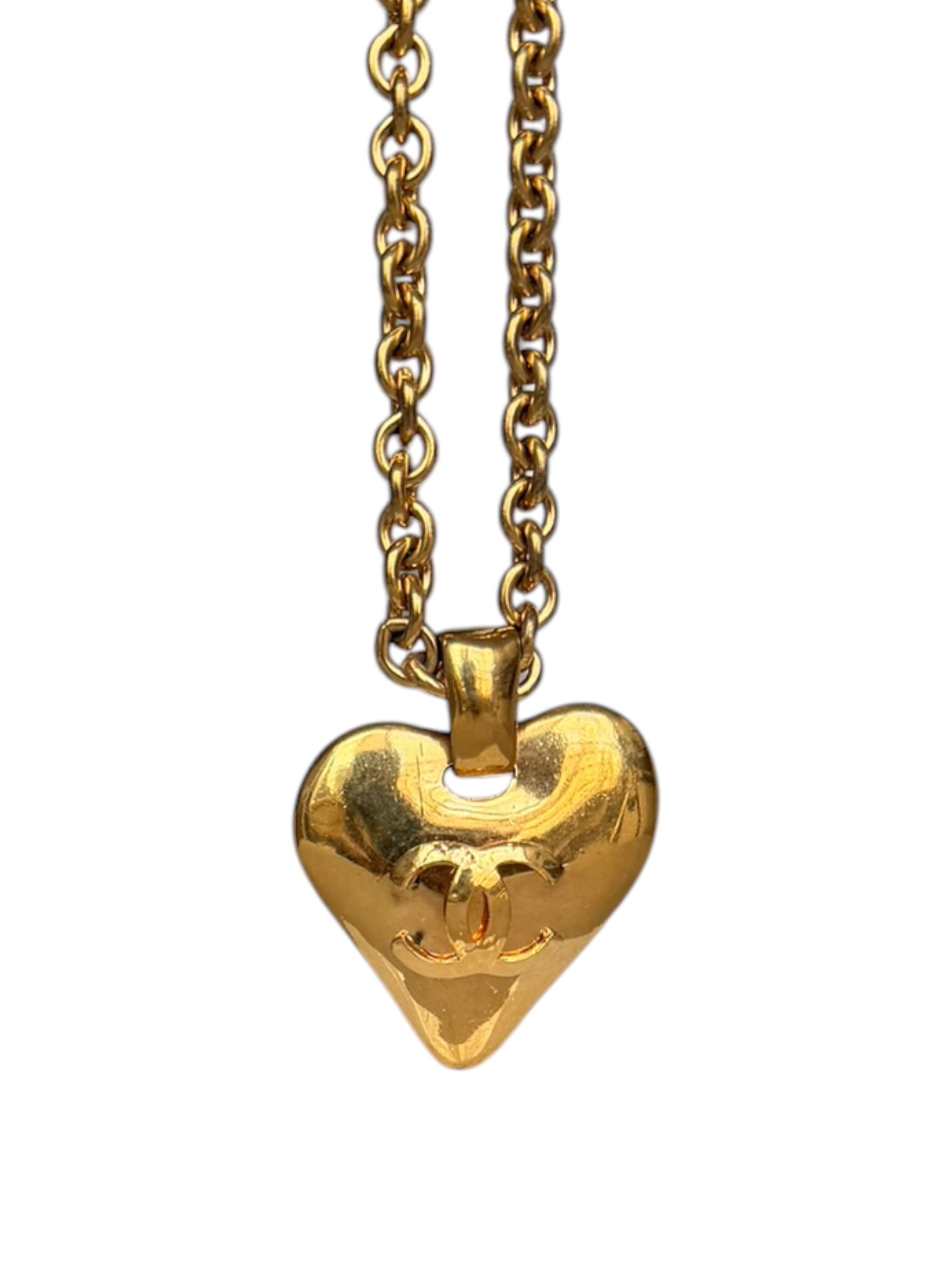 Chanel Vintage CC Logo 24k Gold Plated Heart Necklace