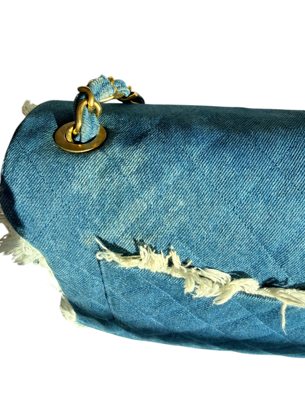 Chanel 90s Denim Frayed Maxi Flap Bag with Gold CC Hardware