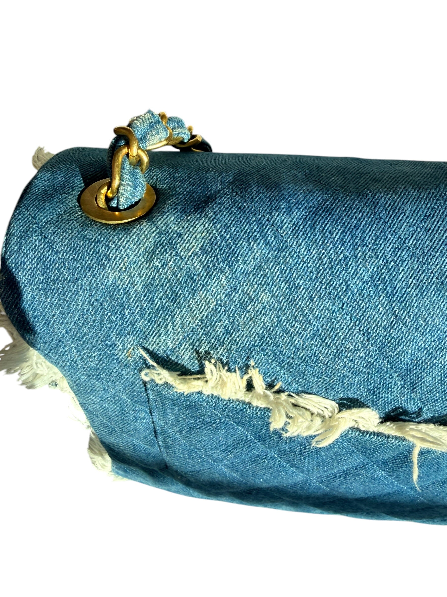 Chanel 90s Denim Frayed Maxi Flap Bag with Gold CC Hardware