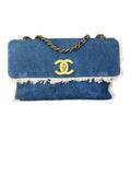 Chanel 90s Denim Frayed Maxi Flap Bag with Gold CC Hardware