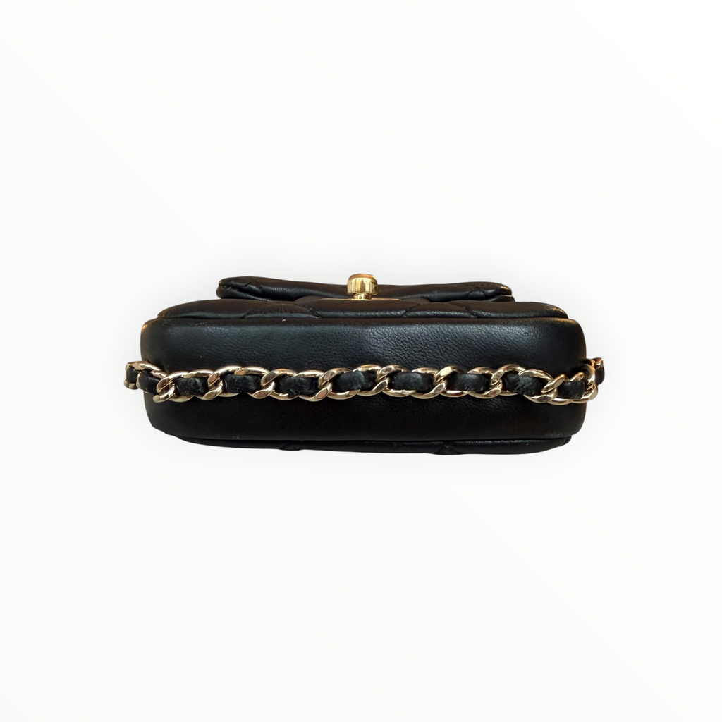 Chanel Pearl Letter Mini Phone Pouch in Black Quilted Lambskin