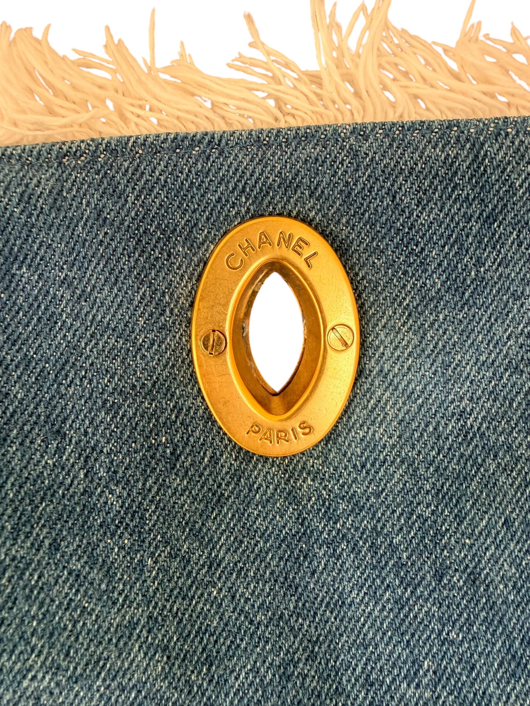 Chanel 90s Denim Frayed Maxi Flap Bag with Gold CC Hardware