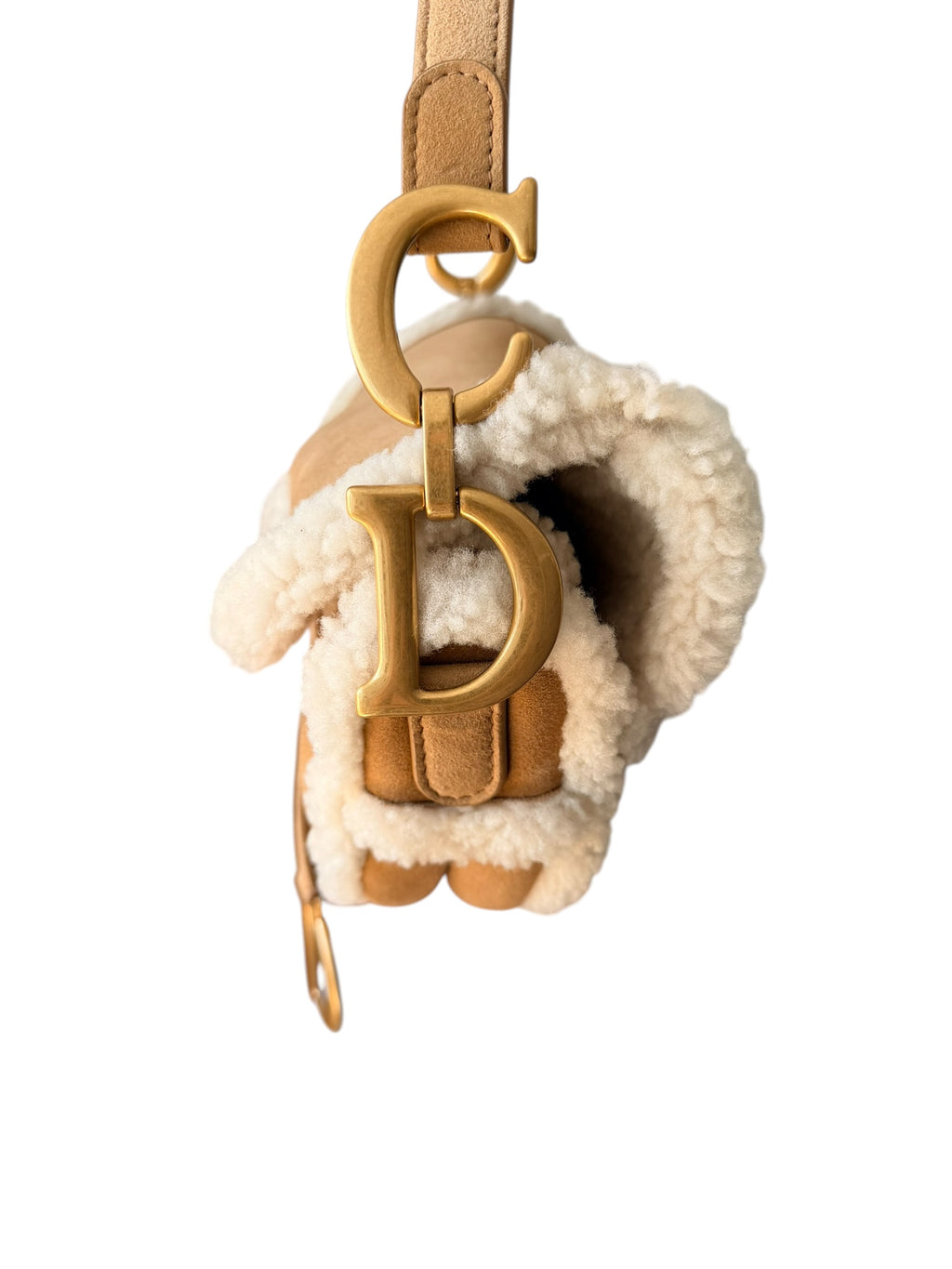 Dior Shearling Saddle Bag in Tan Suede with Gold Hardware