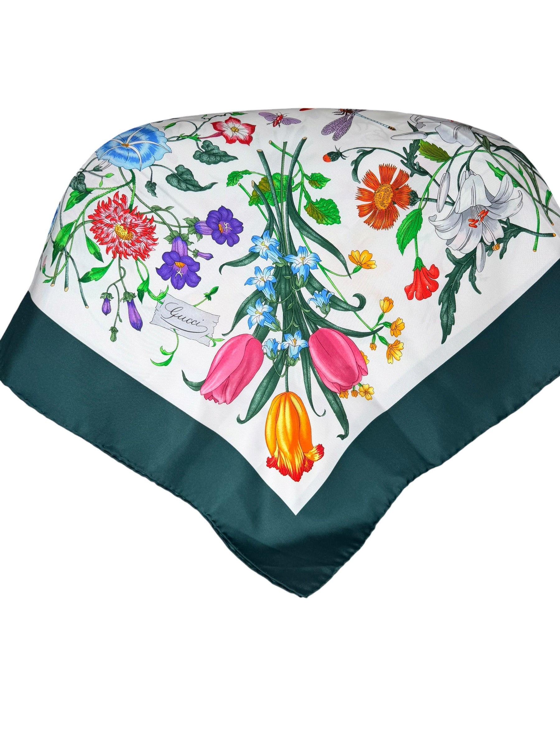 Gucci Silk Flora Scarf with Dark Green Border