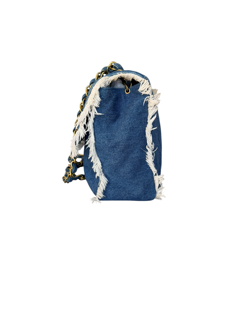 Chanel 90s Denim Frayed Maxi Flap Bag with Gold CC Hardware