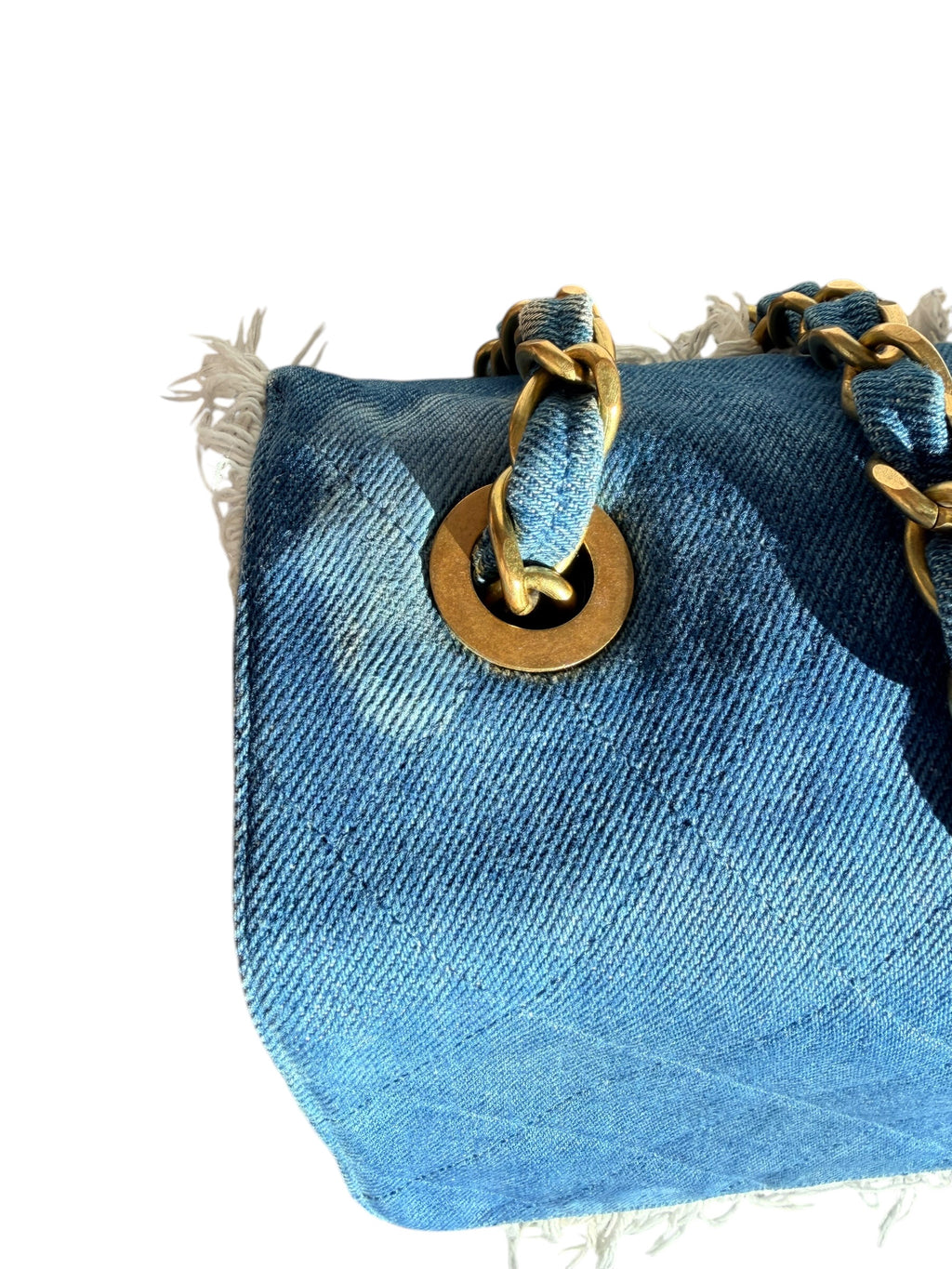 Chanel 90s Denim Frayed Maxi Flap Bag with Gold CC Hardware