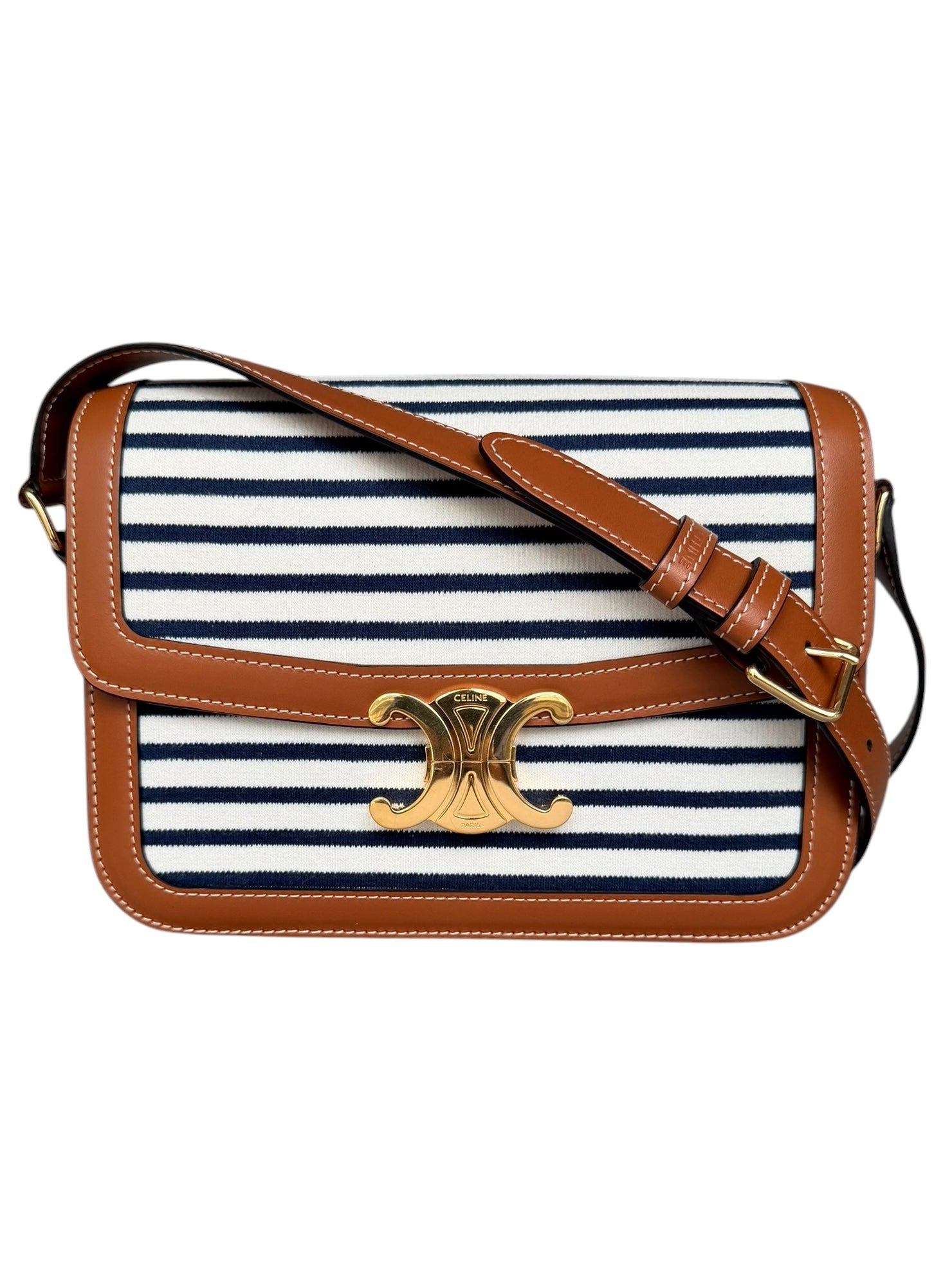Celine Classique Triomphe Shoulder Bag in Fabric & Leather - Navy & White Striped, Brown