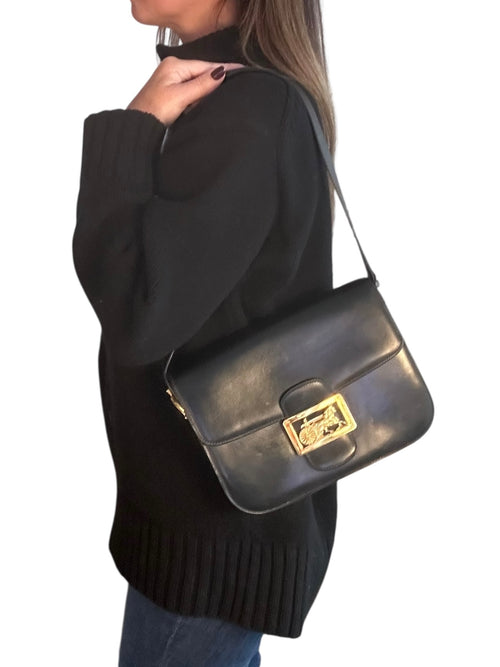 Celine Vintage 1980s Carriage Clasp Box Black Leather Shoulder Bag