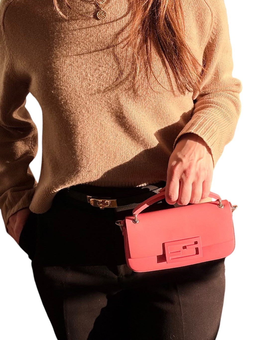 Fendi Mini Baguette Leather Phone Pouch in Pink Enamel