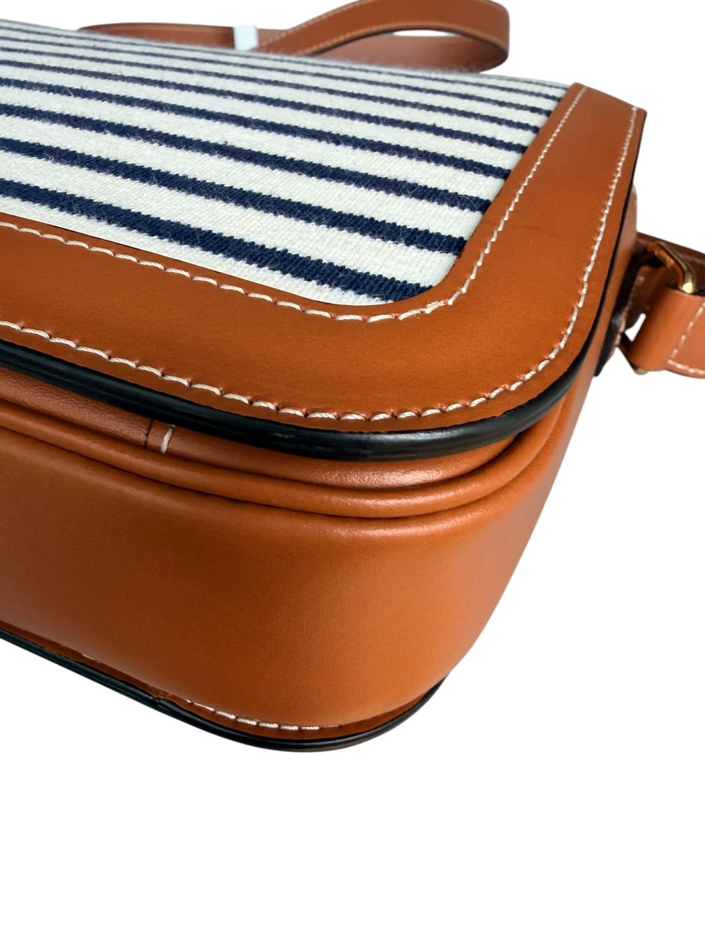 Celine Classique Triomphe Shoulder Bag in Fabric & Leather - Navy & White Striped, Brown