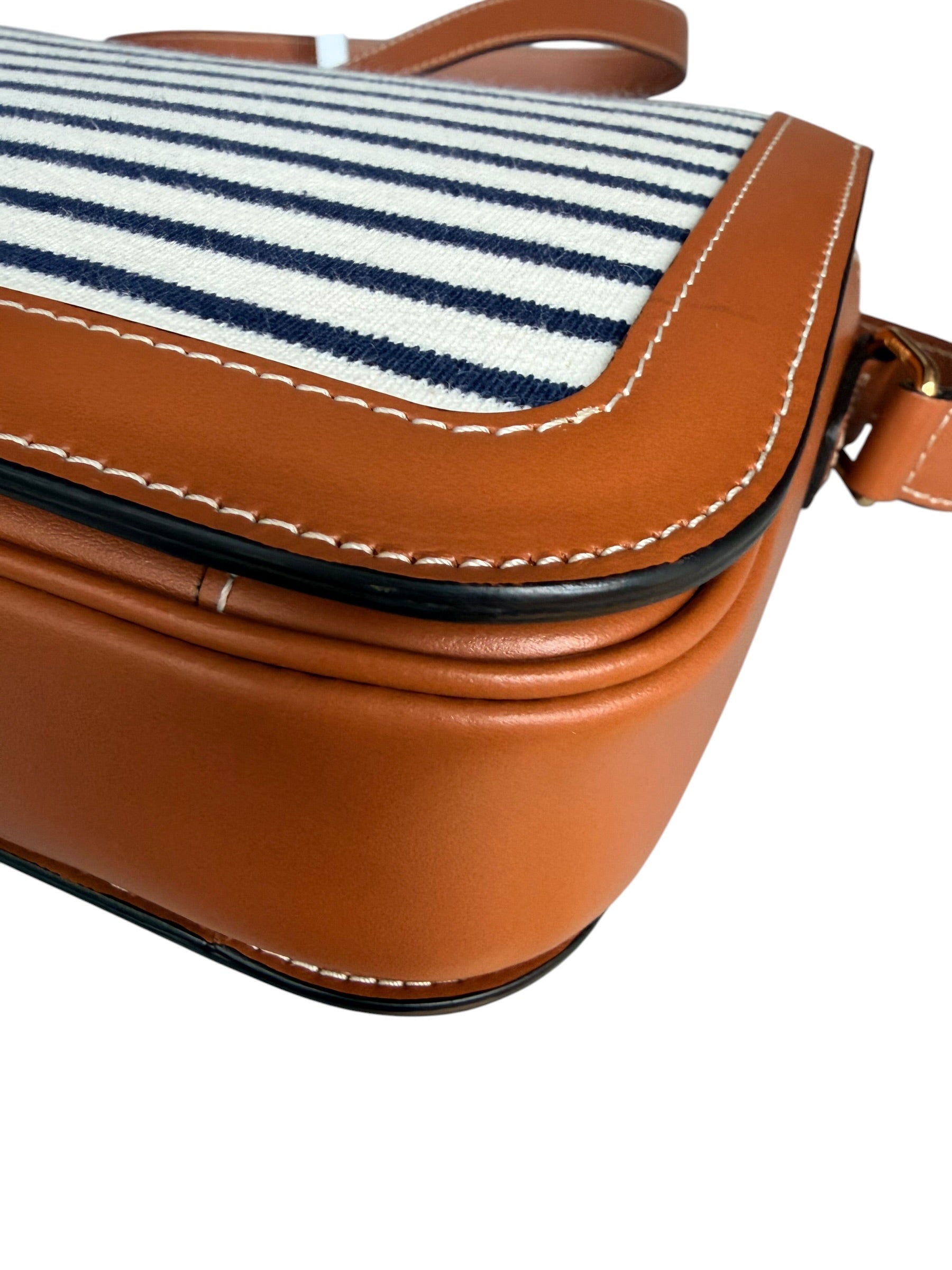Celine Classique Triomphe Shoulder Bag in Fabric & Leather - Navy & White Striped, Brown