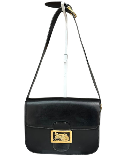 Celine Vintage 1970s Carriage Clasp Box Leather Shoulder Bag - Black, GHW