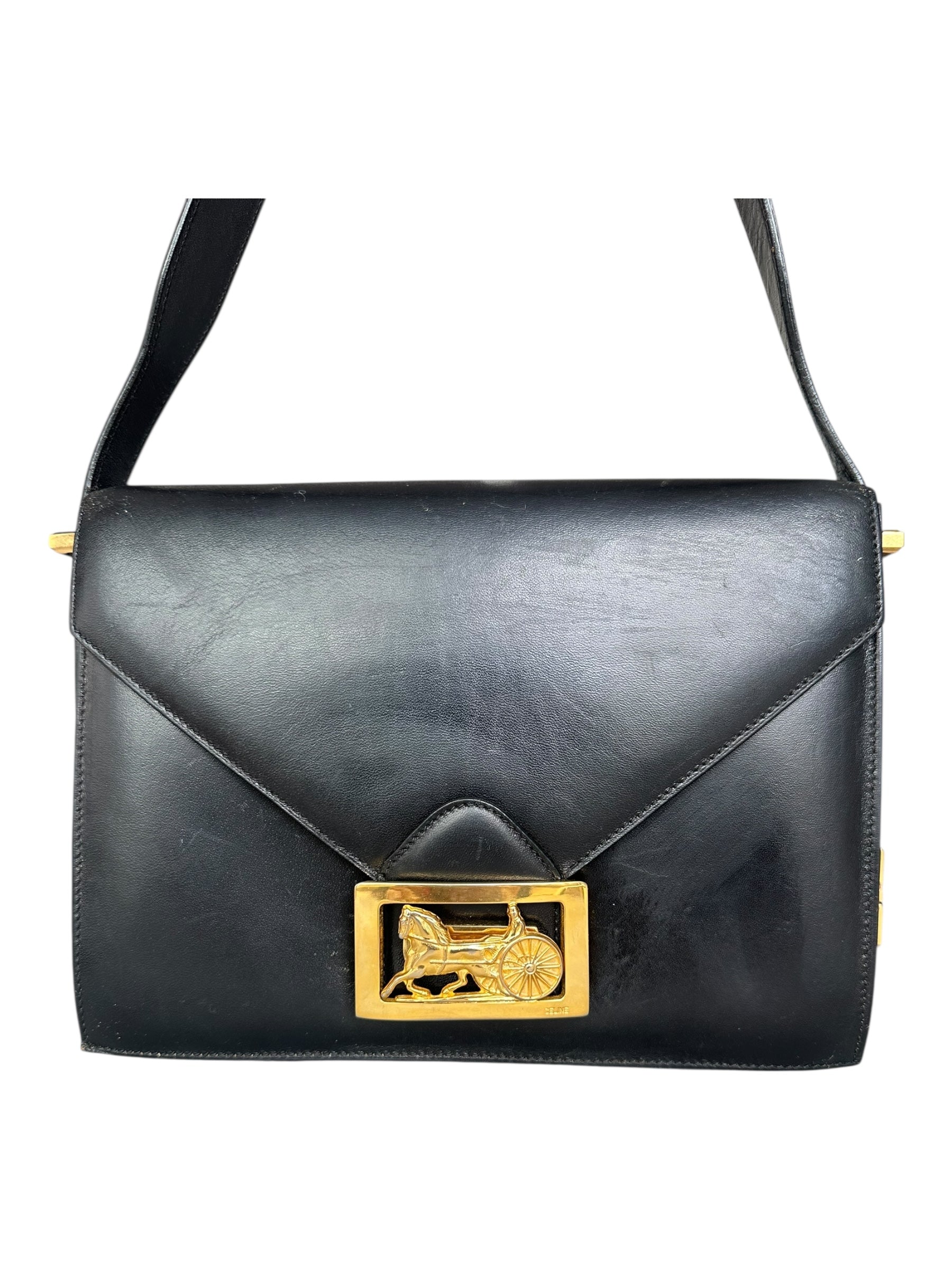 Celine 70s Vintage 2-Way Shoulder Bag with Carriage Clasp - Black