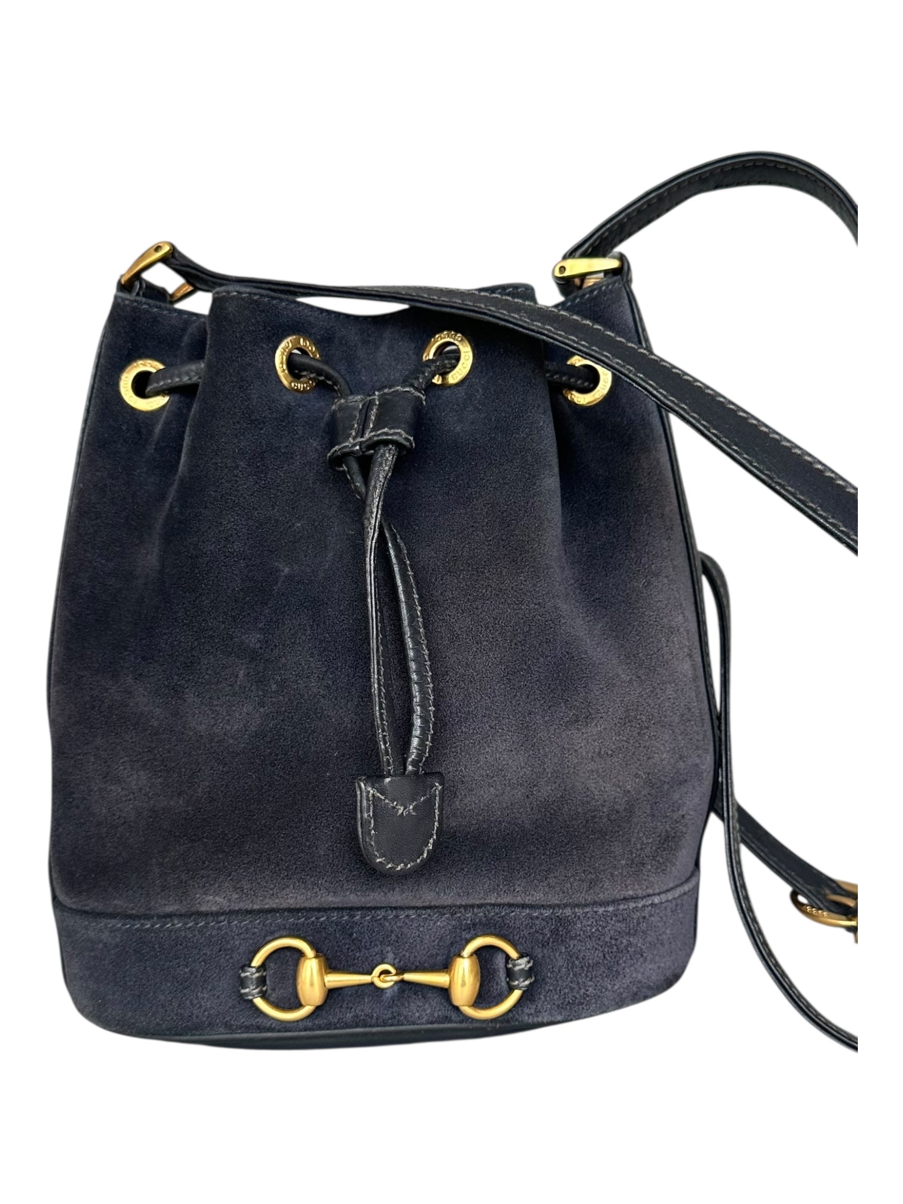Gucci Vintage Suede Horsebit Bucket Bag - Navy