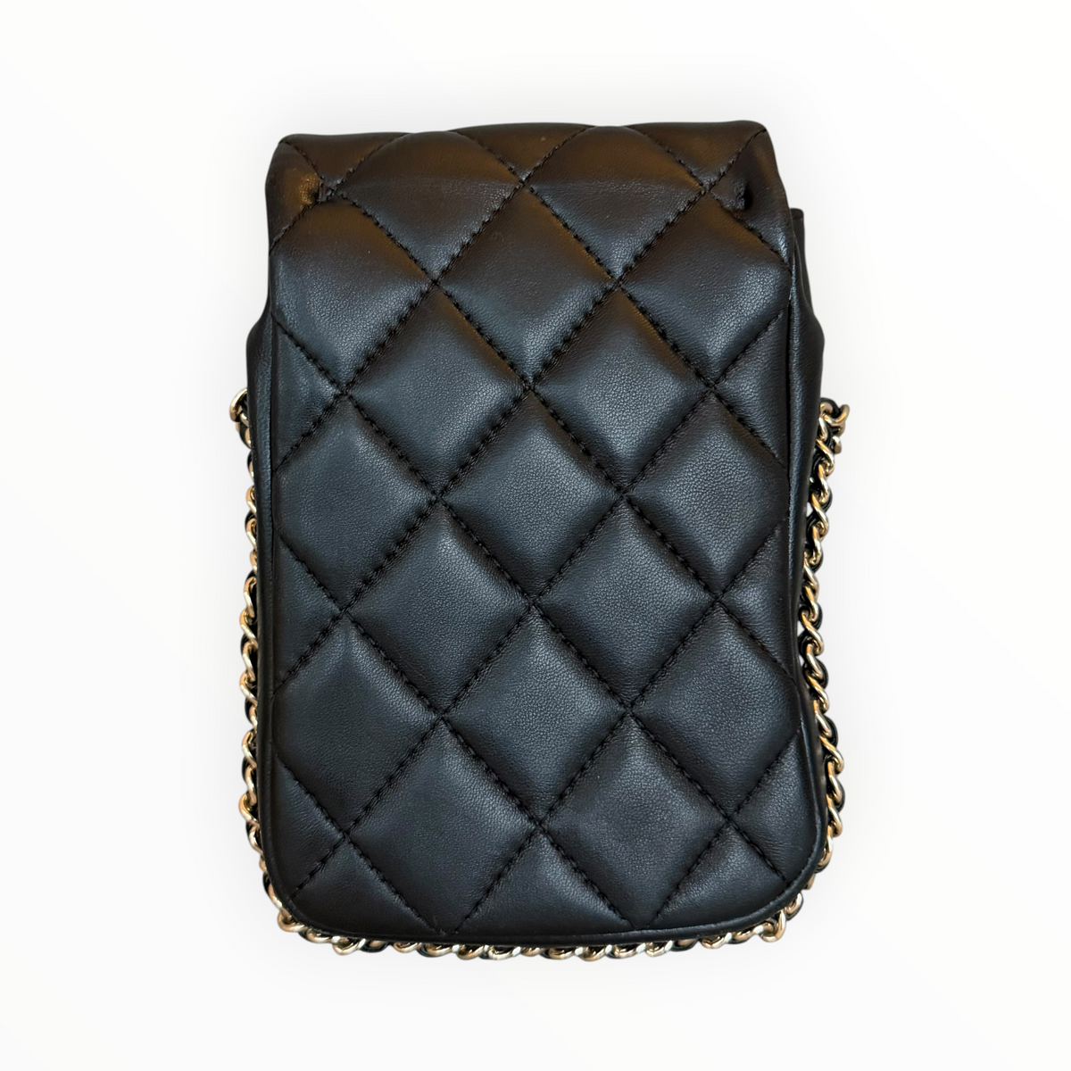 Chanel Pearl Letter Mini Phone Pouch in Black Quilted Lambskin