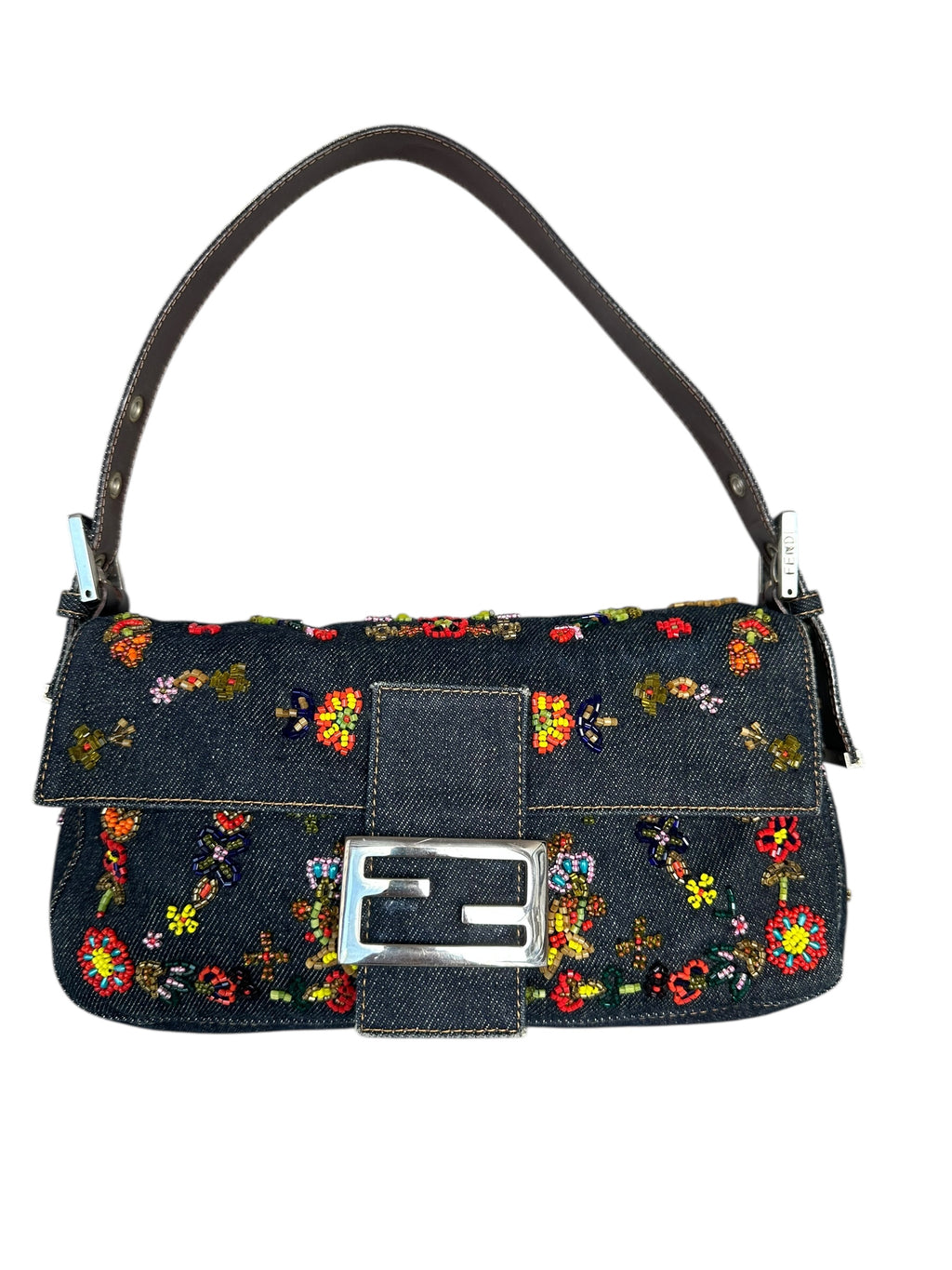 Fendi 1999 Vintage Beaded Floral Denim Mamma Baguette - Blue, SHW