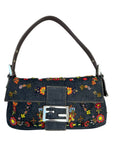 Fendi 1999 Vintage Beaded Floral Denim Mamma Baguette - Blue, SHW