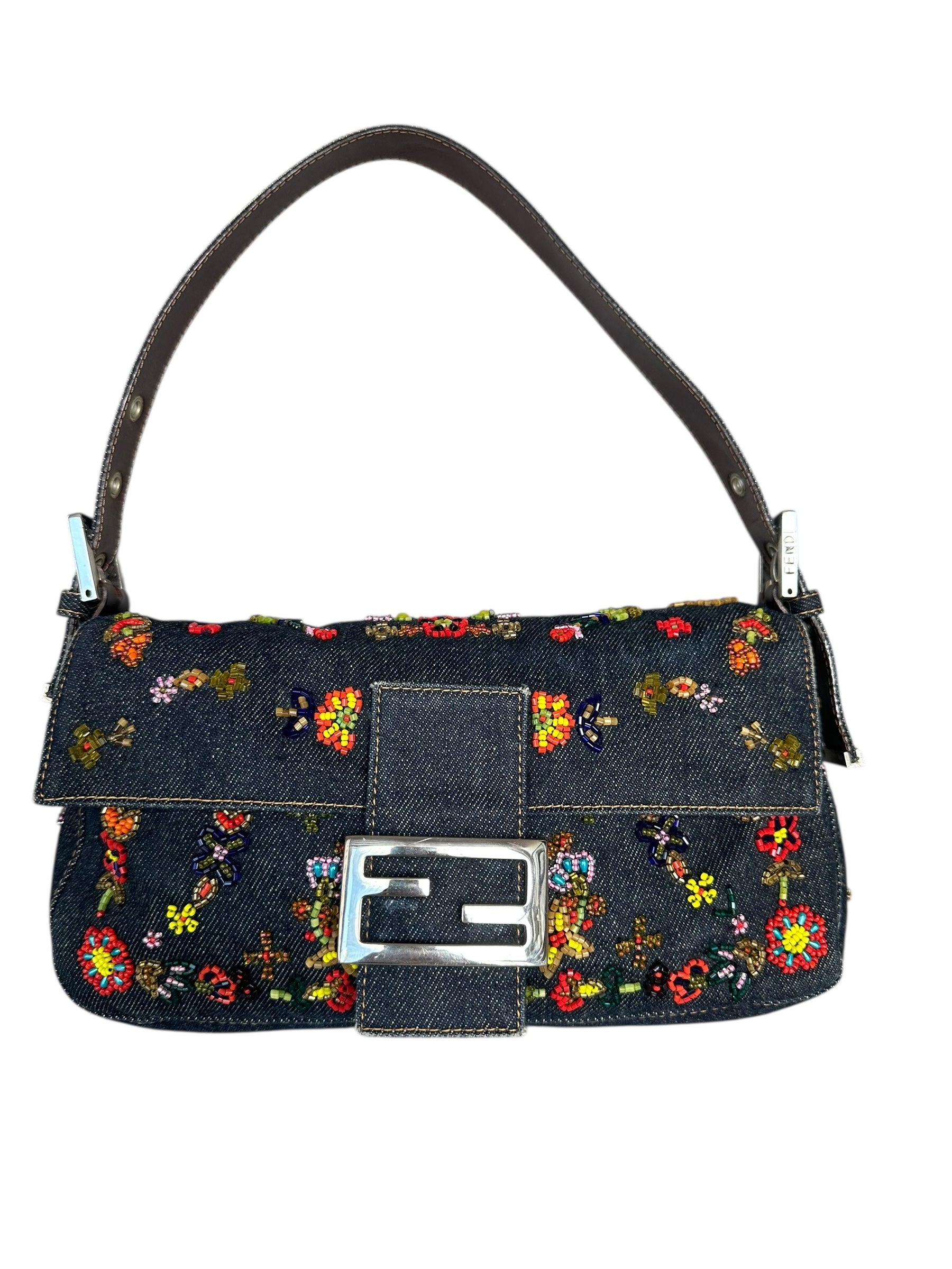 Fendi 1999 Vintage Beaded Floral Denim Mamma Baguette - Blue