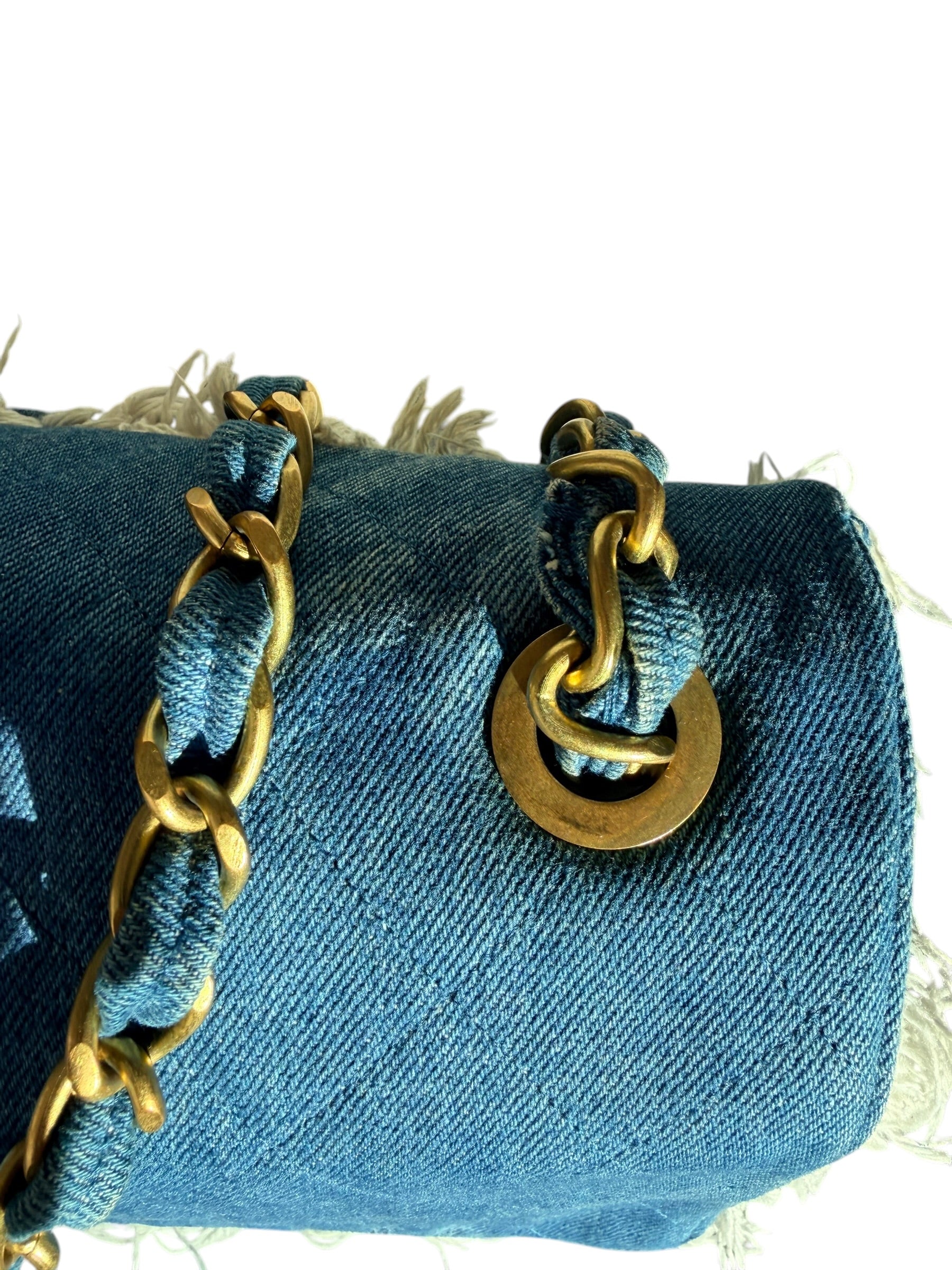 Chanel 90s Denim Frayed Maxi Flap Bag with Gold CC Hardware