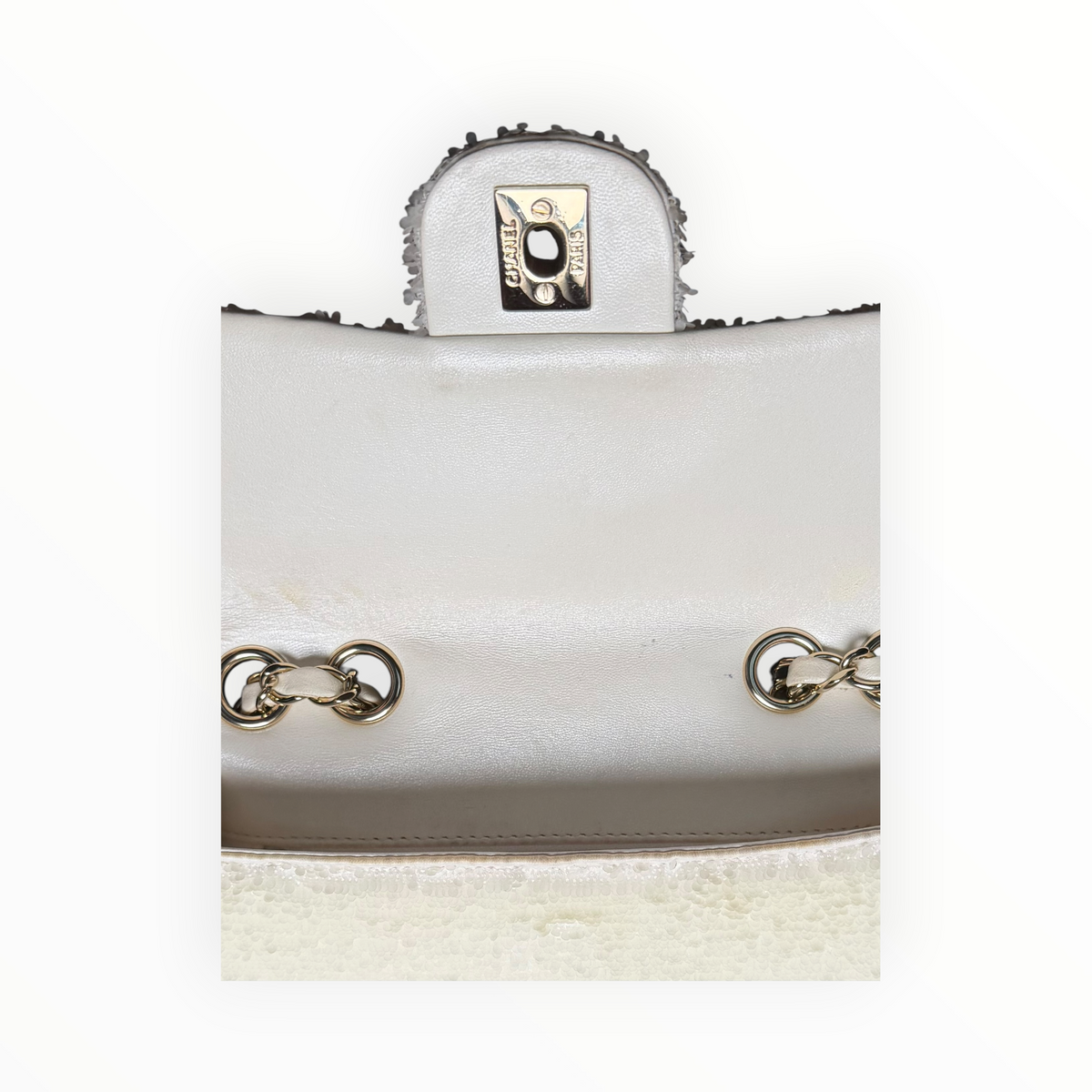 Chanel Sequin Single Flap in Ivory White with Champagne GHW