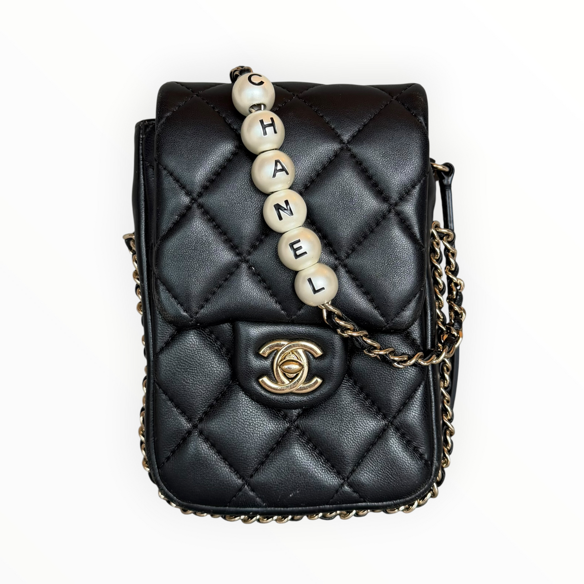 Chanel Pearl Letter Mini Phone Pouch in Black Quilted Lambskin