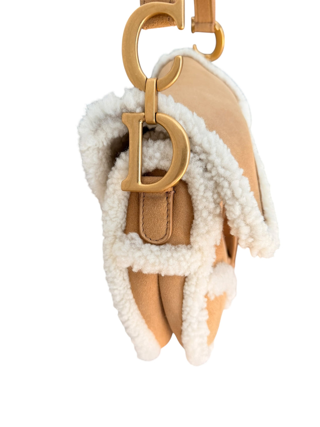 Dior Shearling Saddle Bag in Tan Suede with Gold Hardware