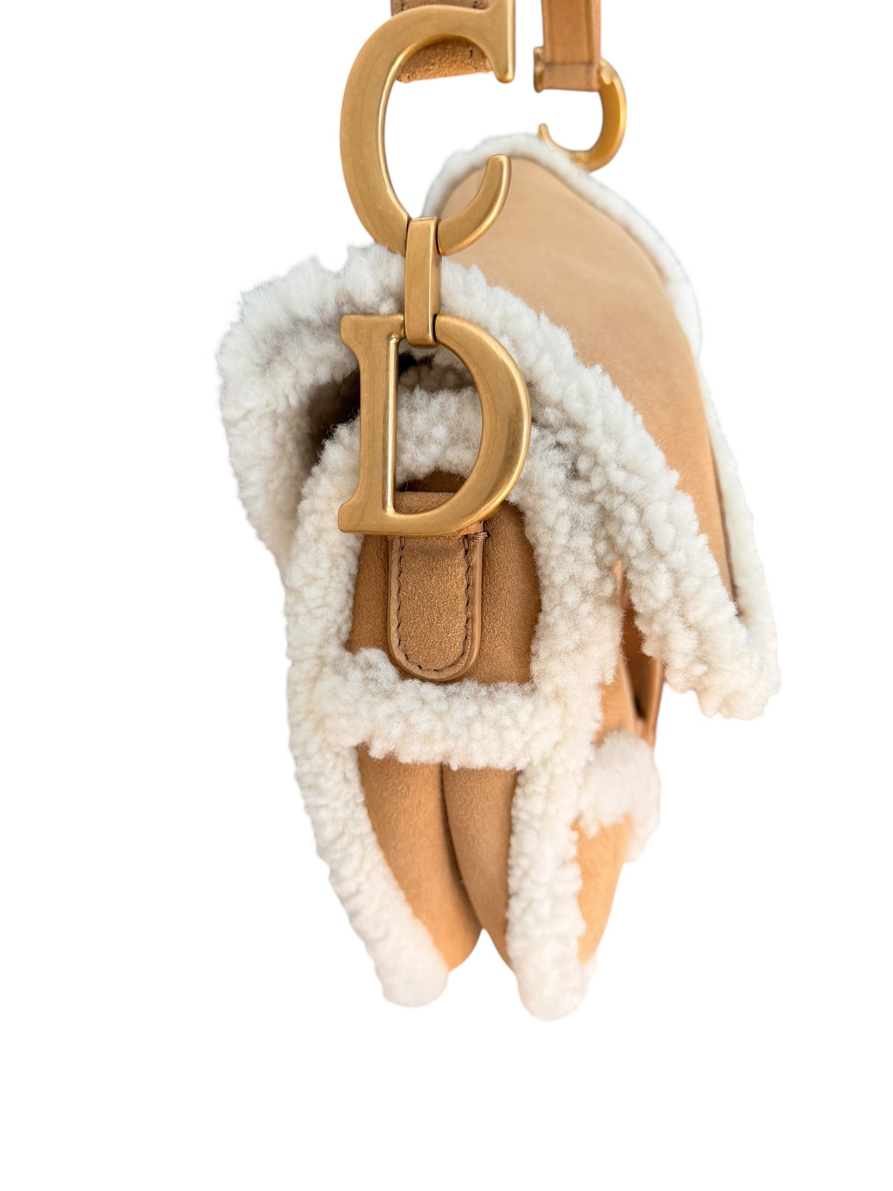 Dior Shearling Saddle Bag in Tan Suede with Gold Hardware