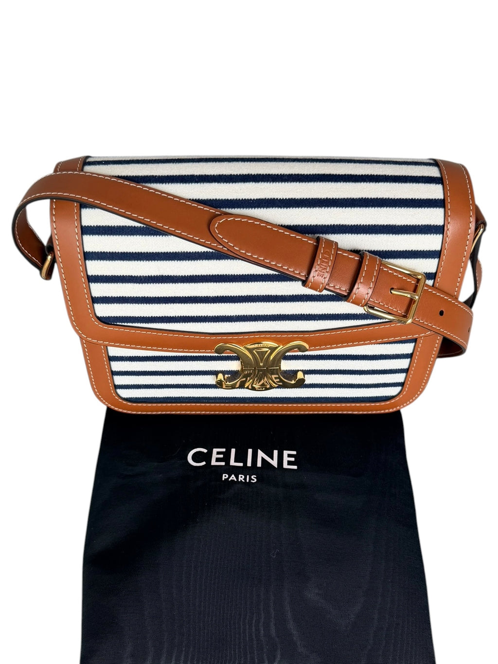 Celine Classique Triomphe Shoulder Bag in Fabric & Leather - Navy & White Striped, Brown