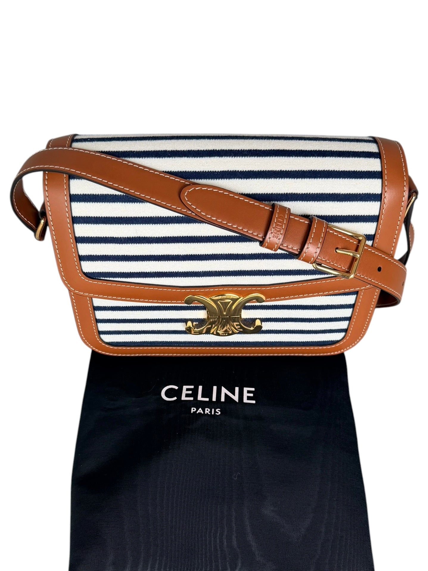 Celine Classique Triomphe Shoulder Bag in Fabric & Leather - Navy & White Striped, Brown