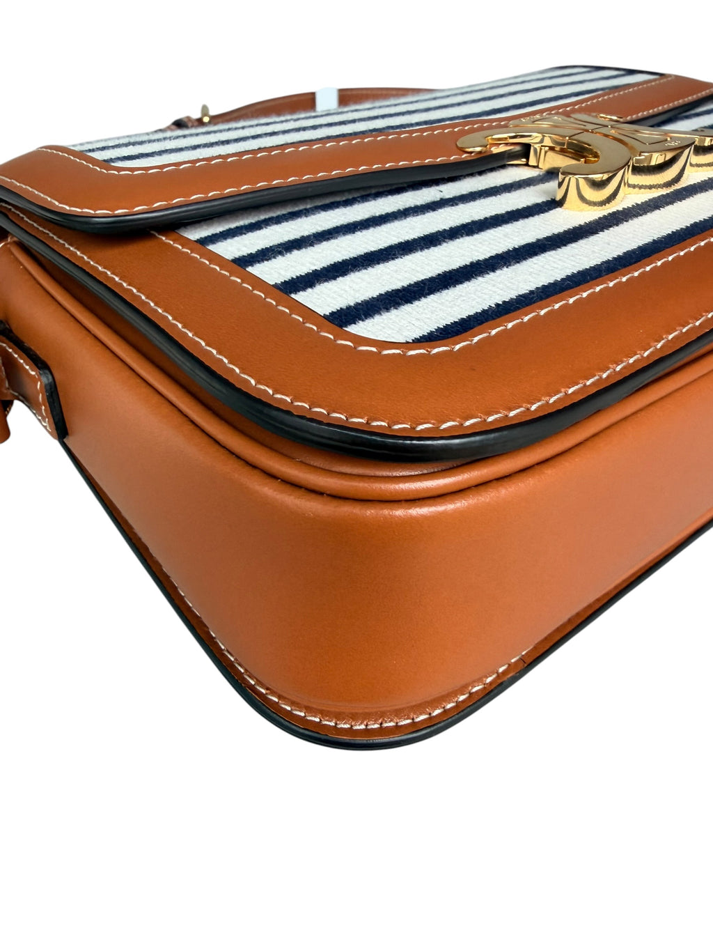 Celine Classique Triomphe Shoulder Bag in Fabric & Leather - Navy & White Striped, Brown
