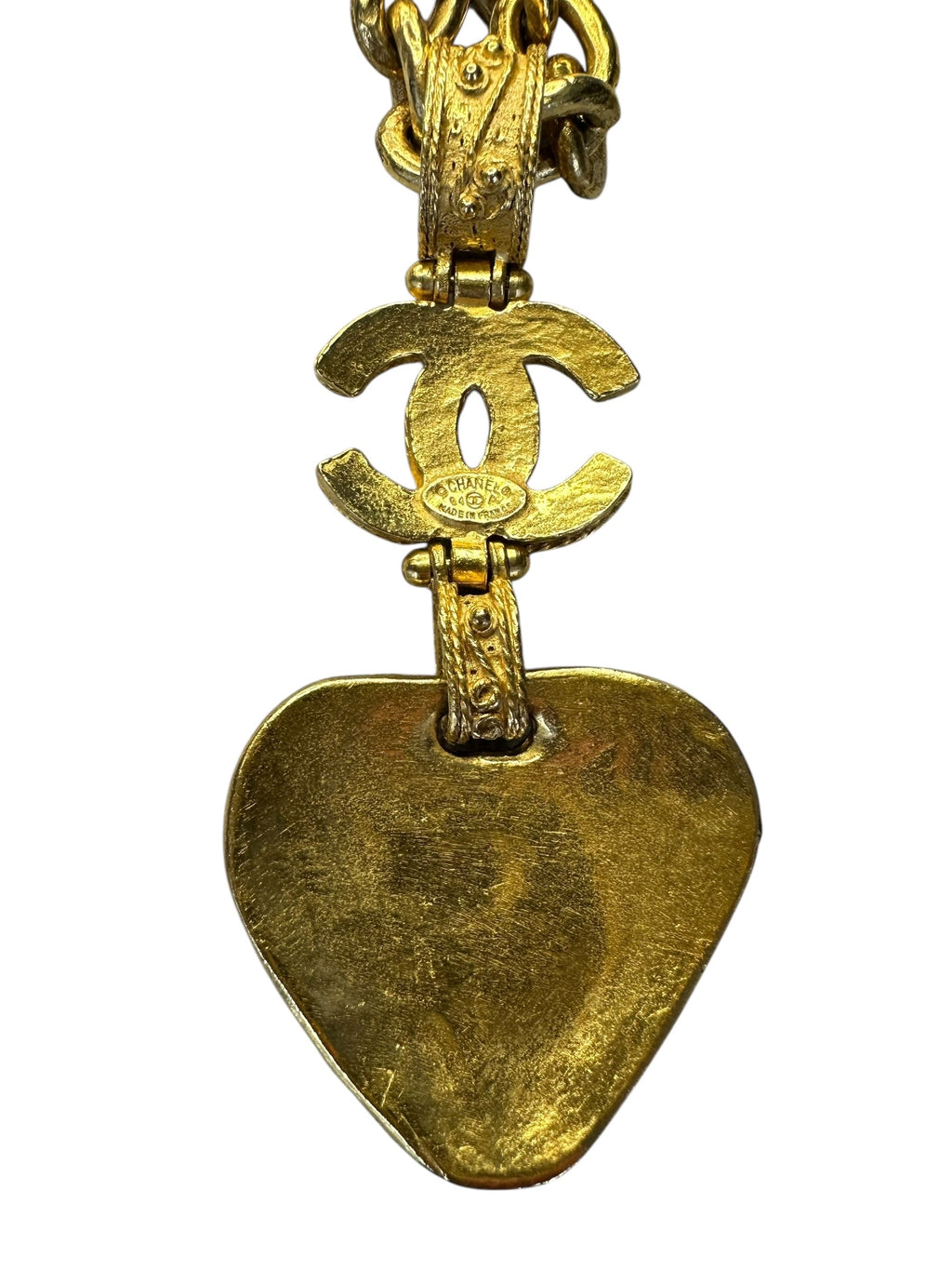 Chanel Vintage 90s Heart Necklace With Green Gripoix Stone - Gold Metal