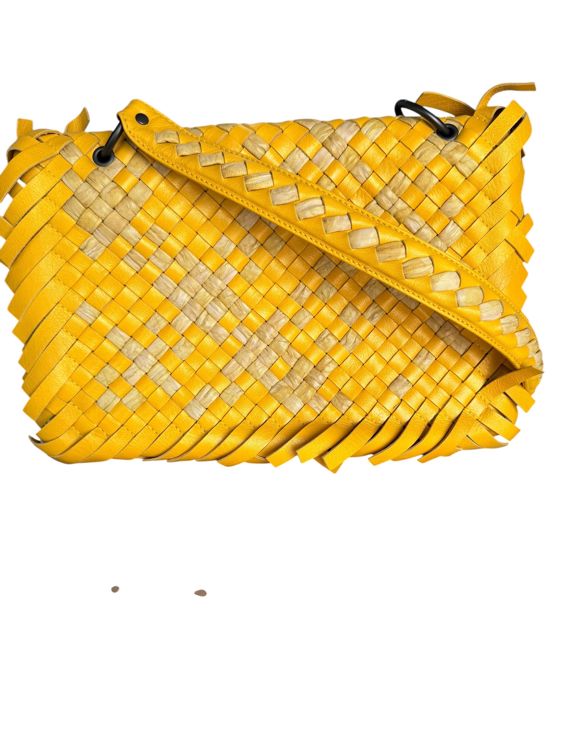 Bottega Veneta Raffia‑Effect Fringe Intrecciato Shoulder Bag in Yellow