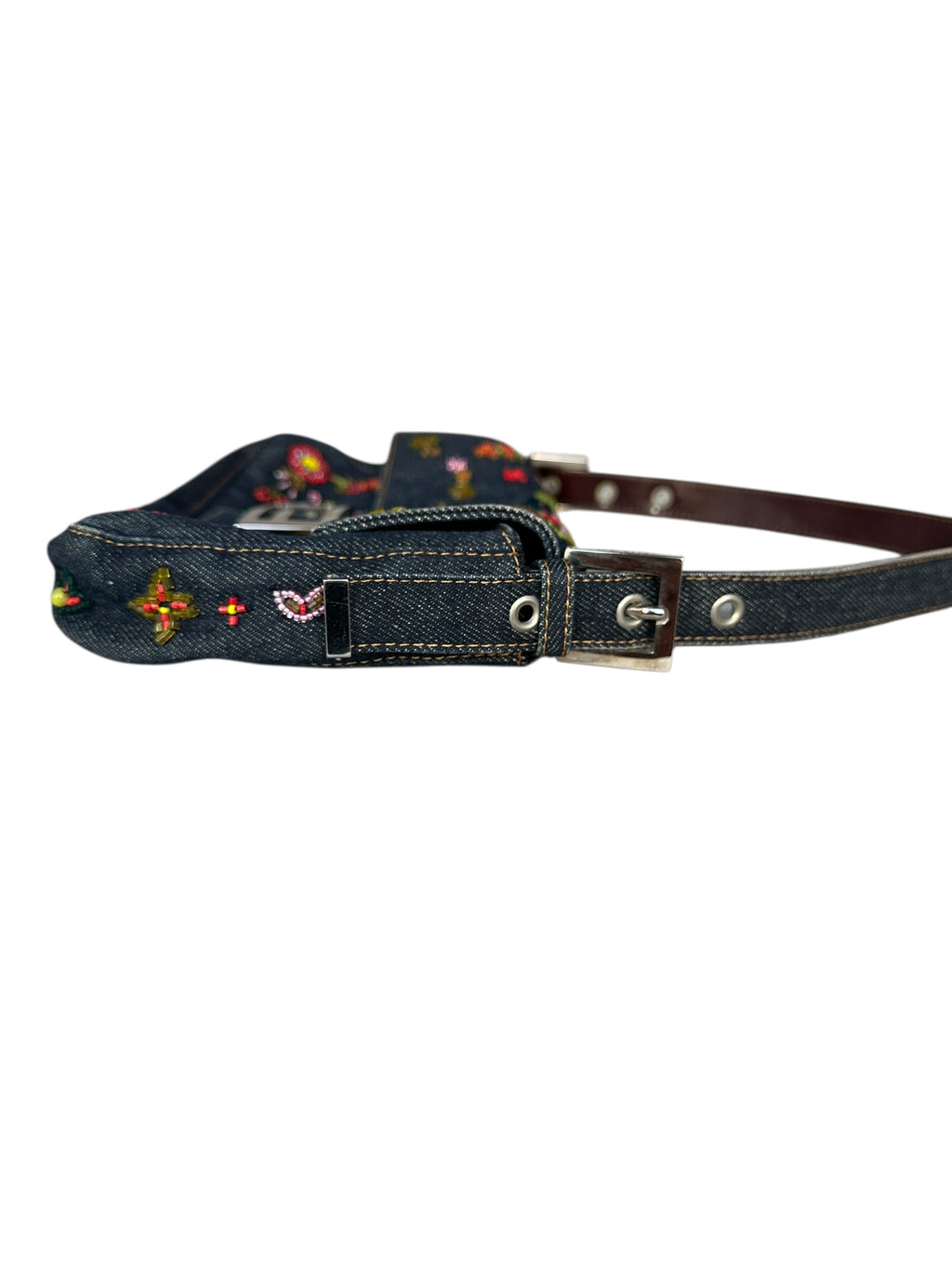 Fendi 1999 Vintage Beaded Floral Denim Mamma Baguette - Blue, SHW